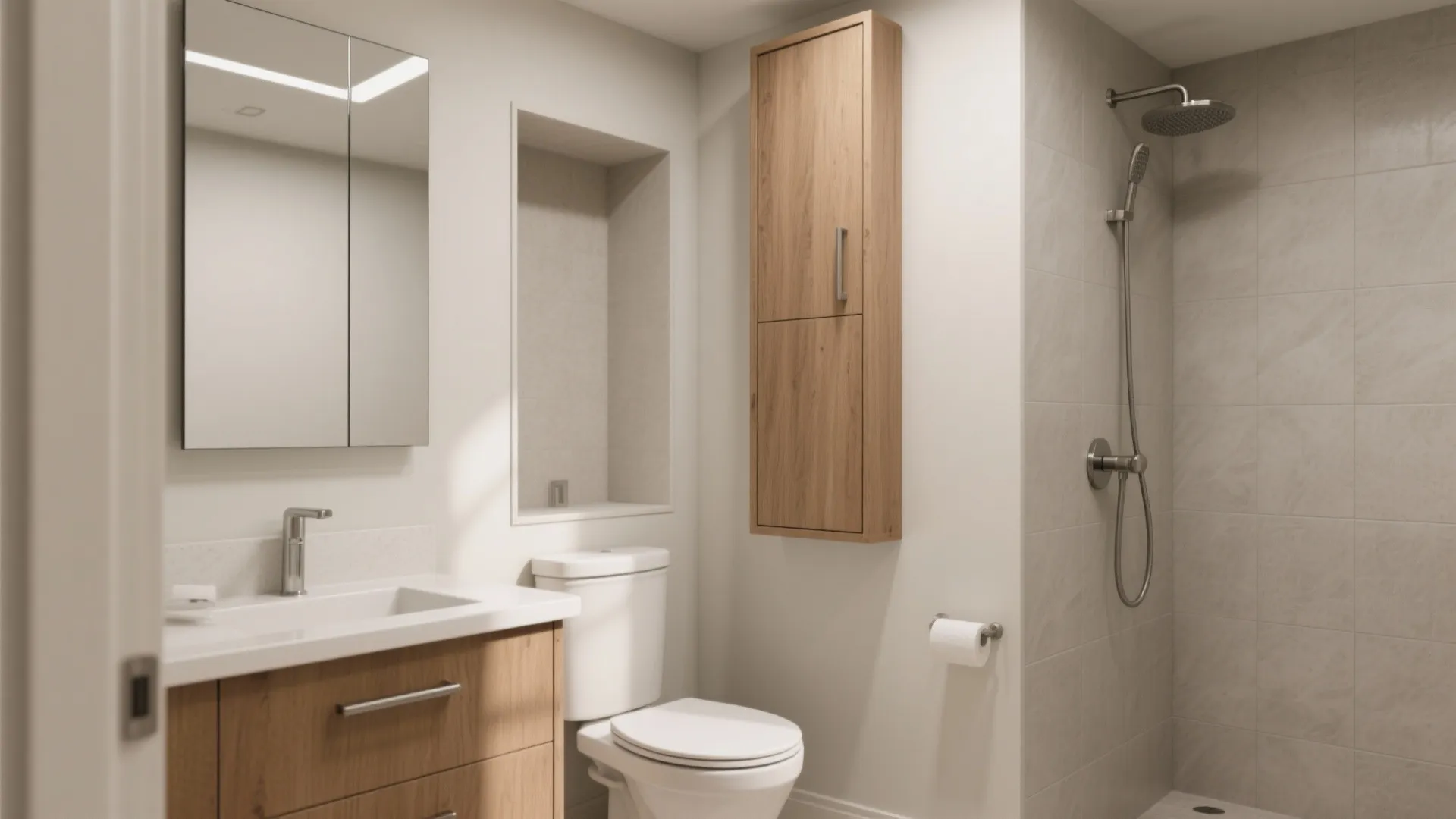 Small bathroom with wood cabinet white toilet glass shower door and mirror with bright light