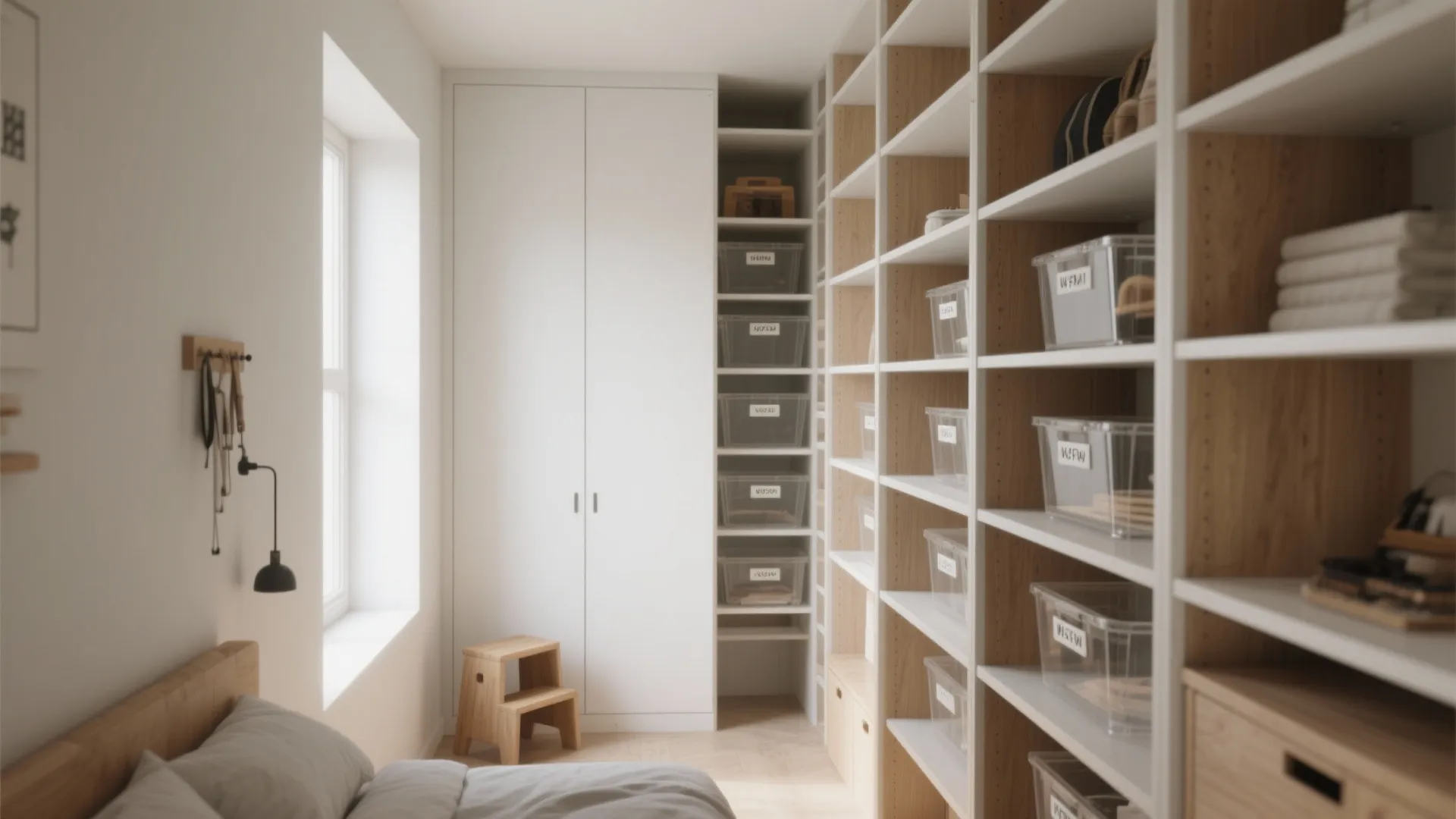Walk in closet with tall wooden shelves clear storage bins white wardrobe and small stool