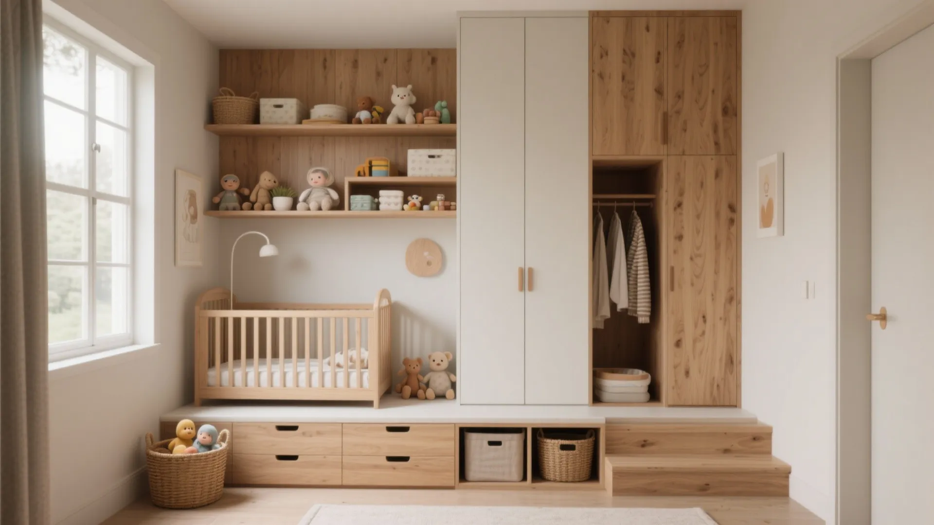 Nursery room featuring built in wooden cabinet with baby crib and wall shelves for toys