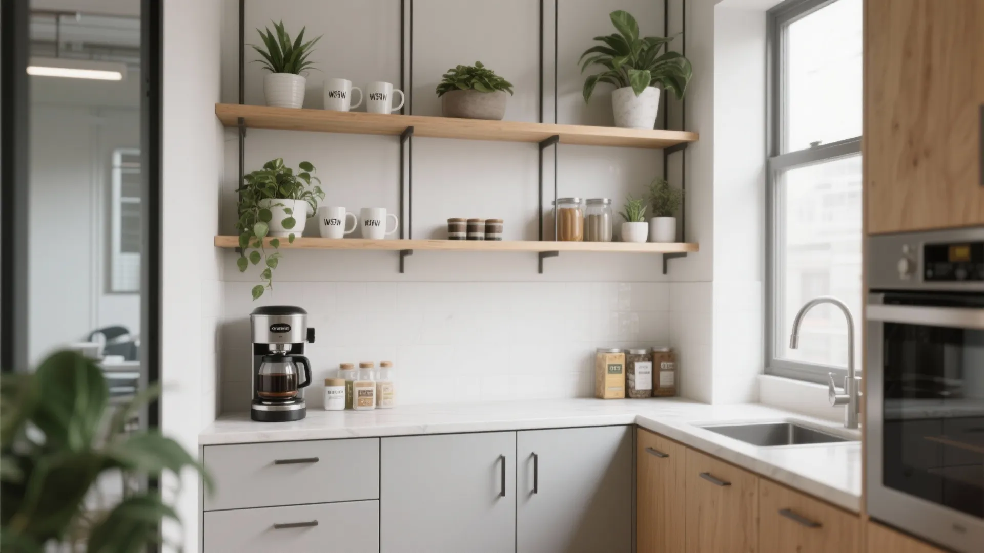 Kitchen counter with coffee maker open wooden wall shelves with green plants white mugs jars