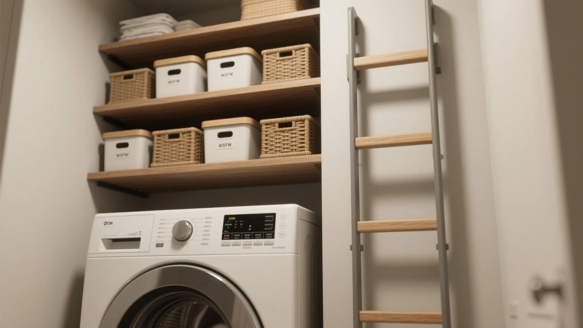 3. Vertical Storage: Open Shelves and a Folding Ladder