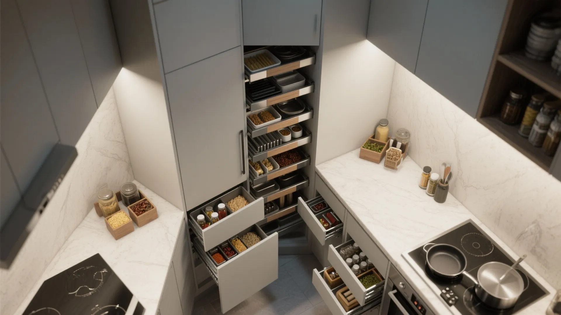 Overhead view of grey kitchen cabinets with many open pull out drawers for food storage