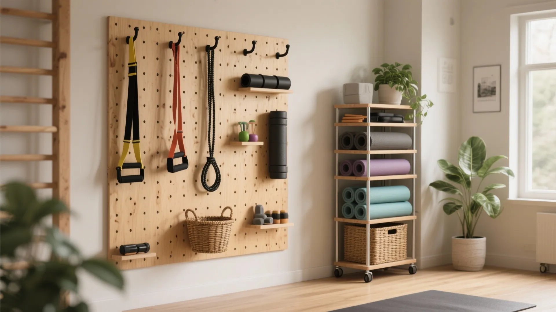 3. Vertical storage with pegboards and rolling towers