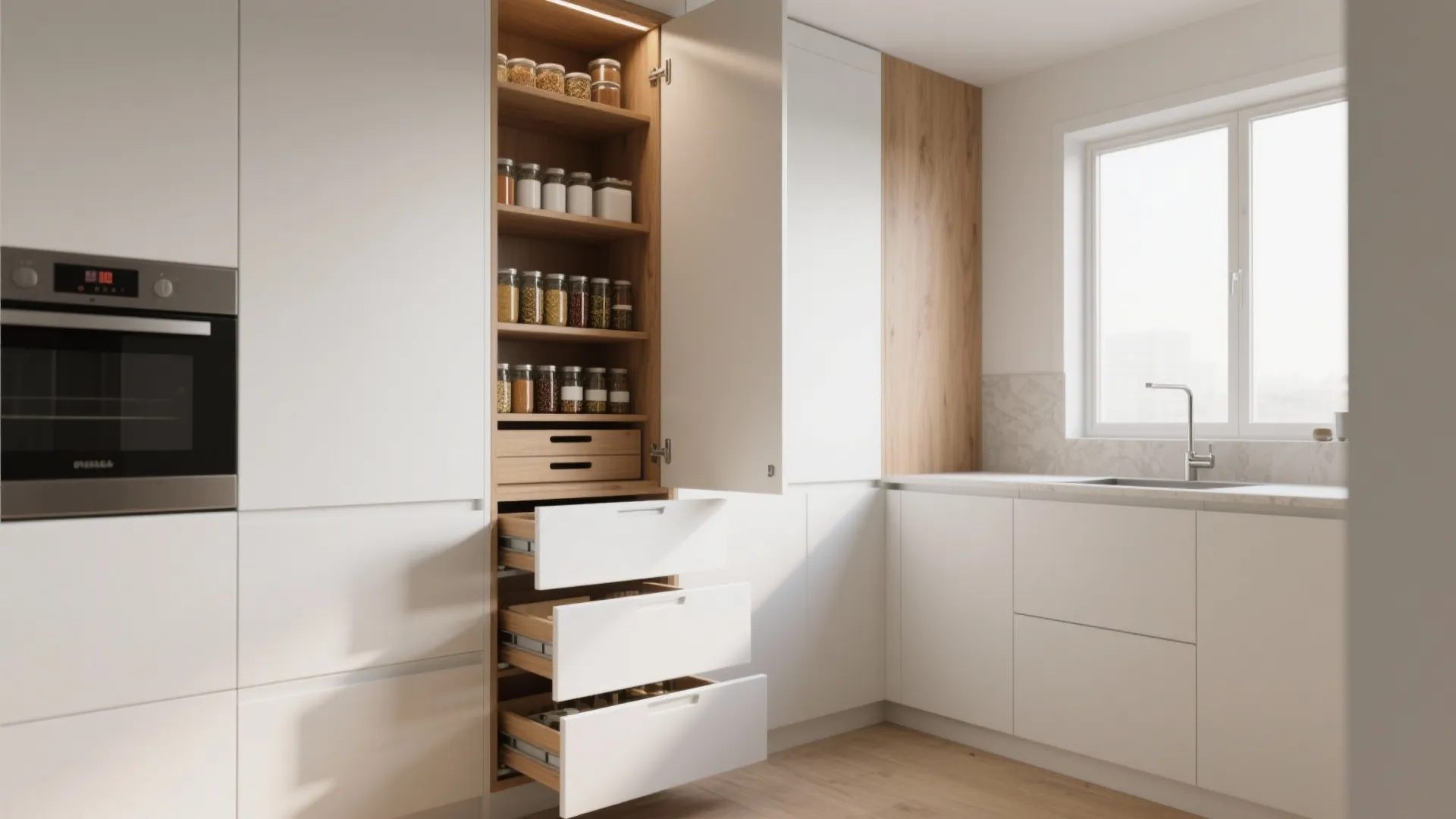 White kitchen cabinets featuring a tall open pantry with wooden shelves drawers and spice jars