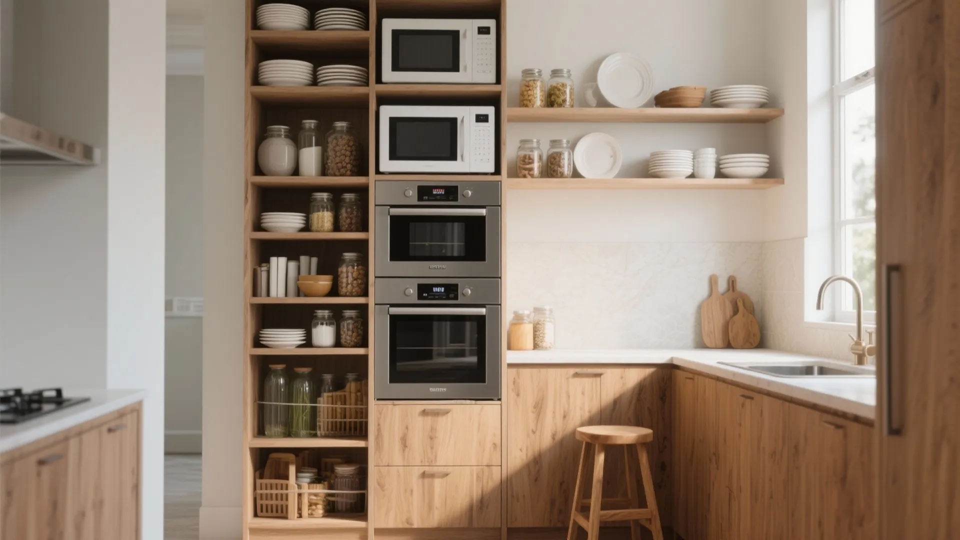 Modern kitchen with wooden cabinets featuring vertical storage shelves built in ovens microwaves and jars