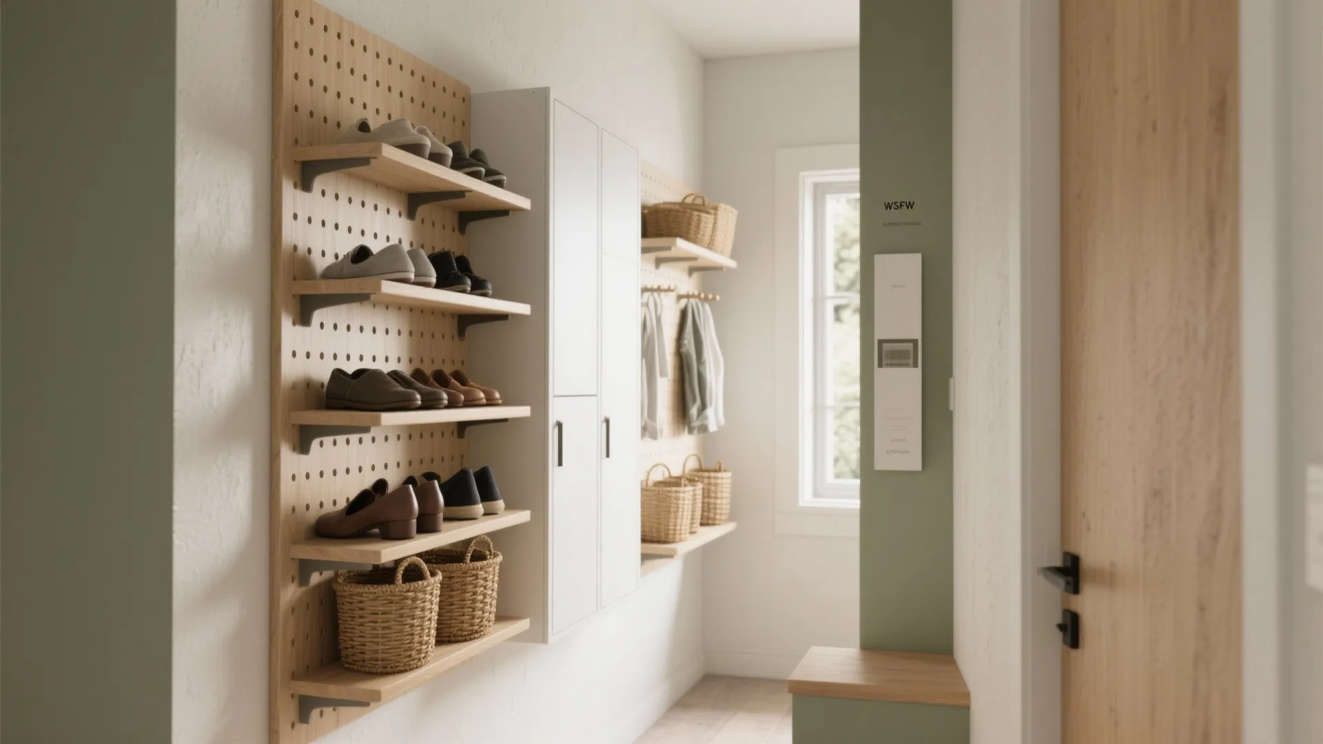 Modern hallway storage with wooden pegboard shelves for shoes white cabinet and green wall panel