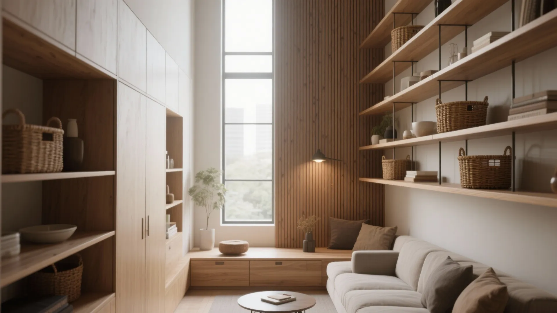 2. Use vertical real estate — shelves, cabinets, and display