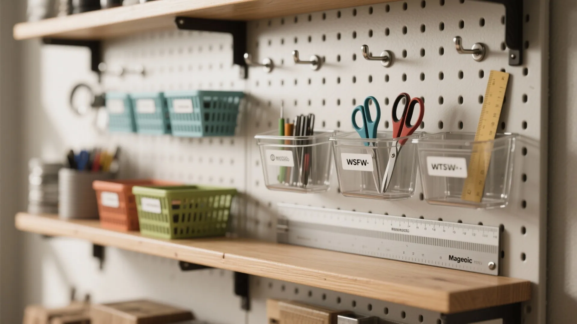 Organised pegboard wall with hooks, plastic bins holding scissors, pens, and ruler on wooden shelf