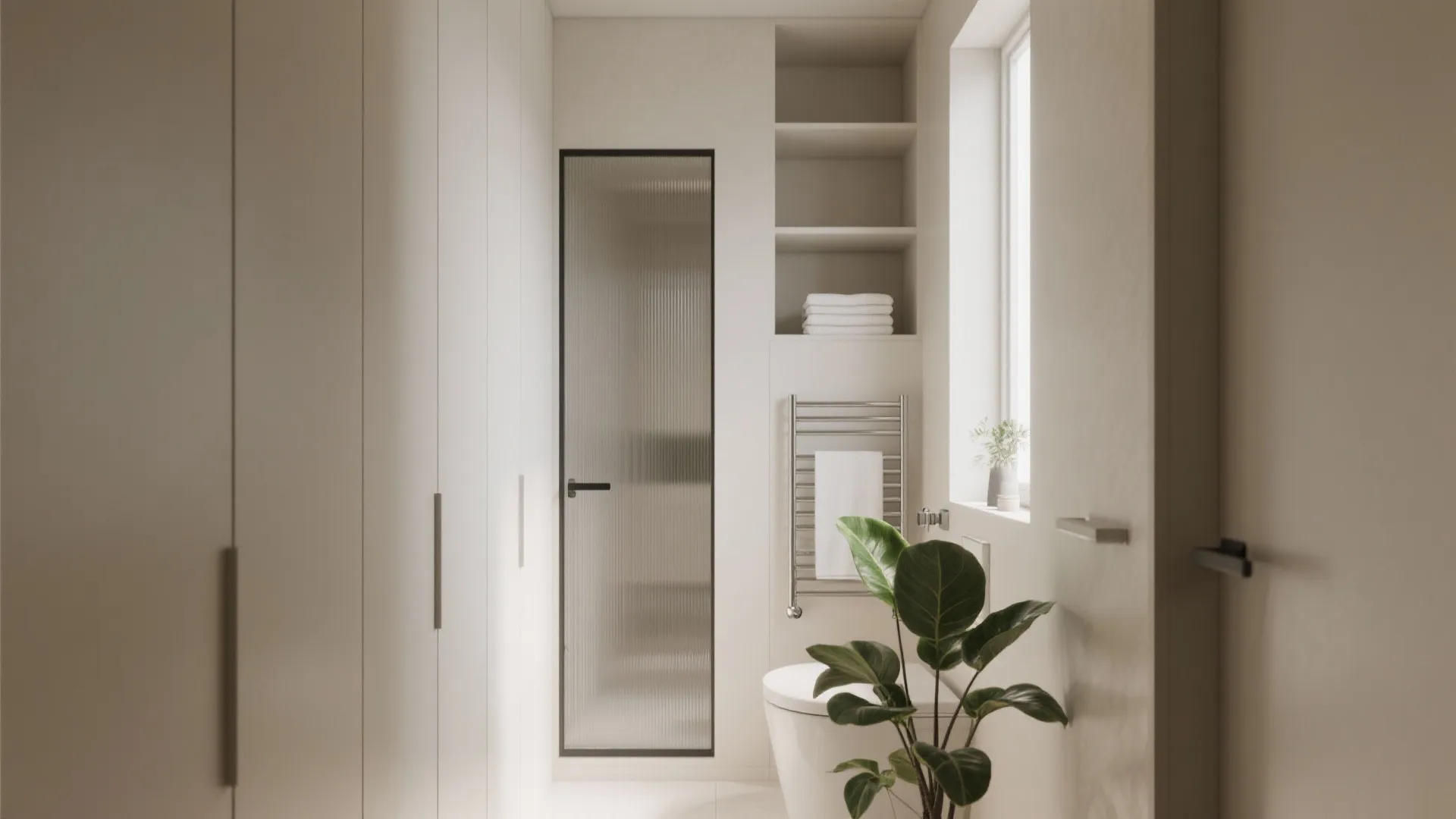 5. Wet room using vertical storage and translucent materials