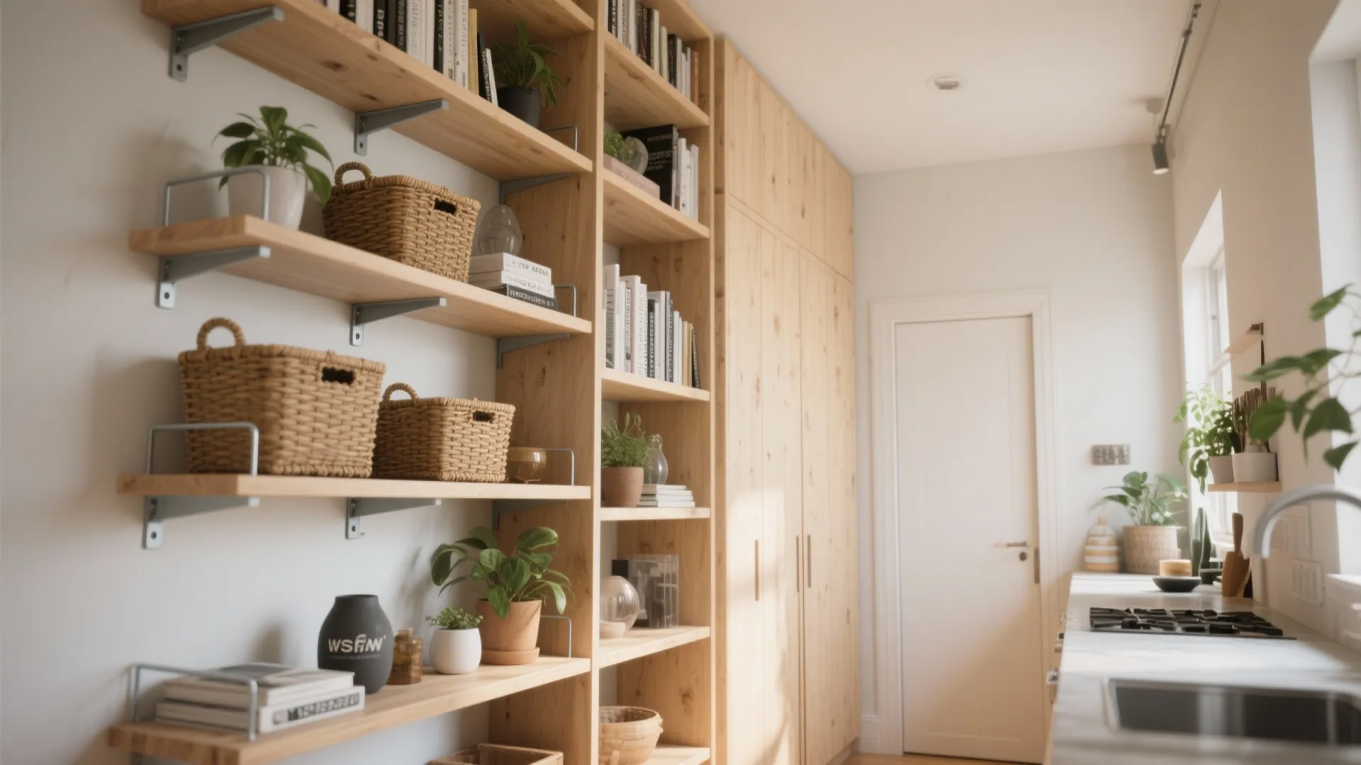 Light wood open wall shelves and tall cabinet storage with baskets books and green plants