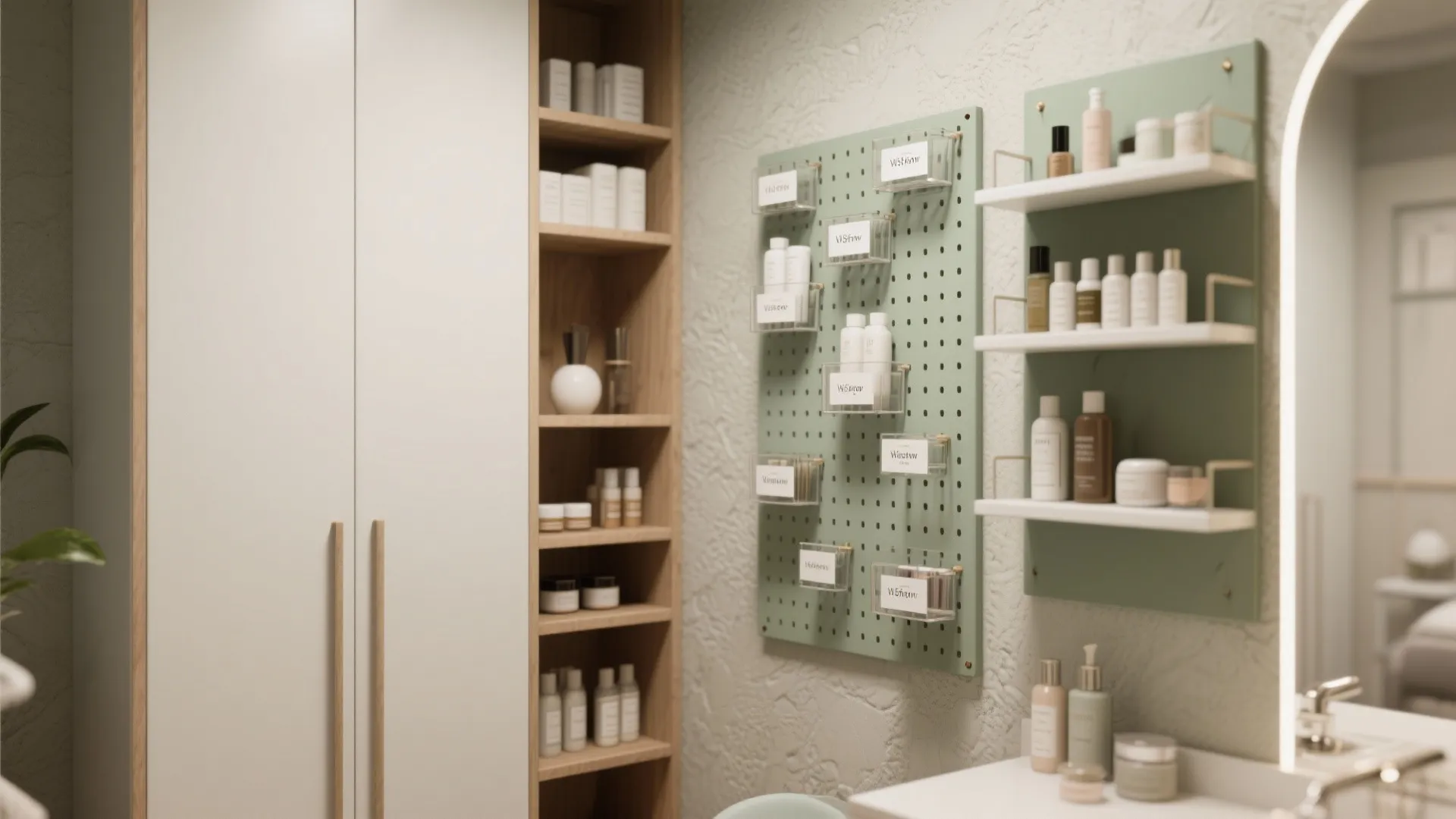 Modern bathroom storage with green wall organizer shelf and white wooden wardrobe for skincare products