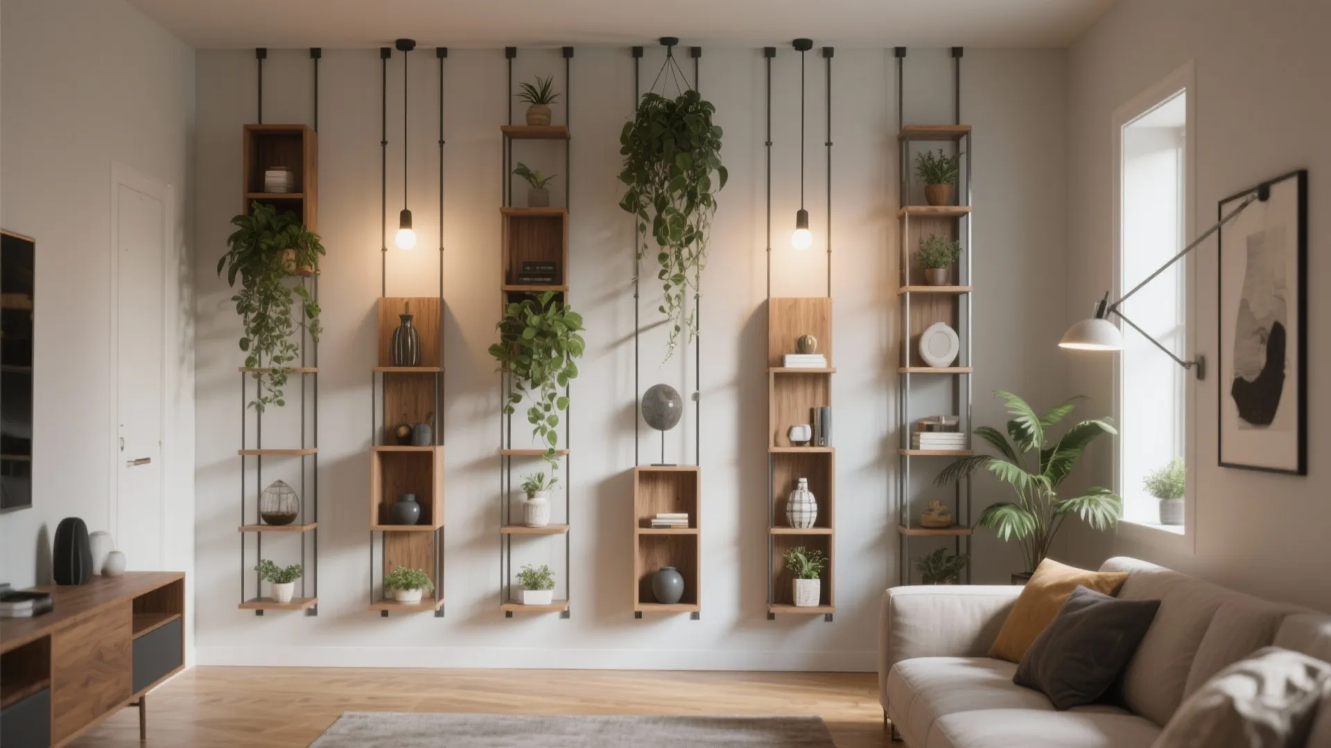 Wooden wall shelves with green plants and books above white sofa in a bright room