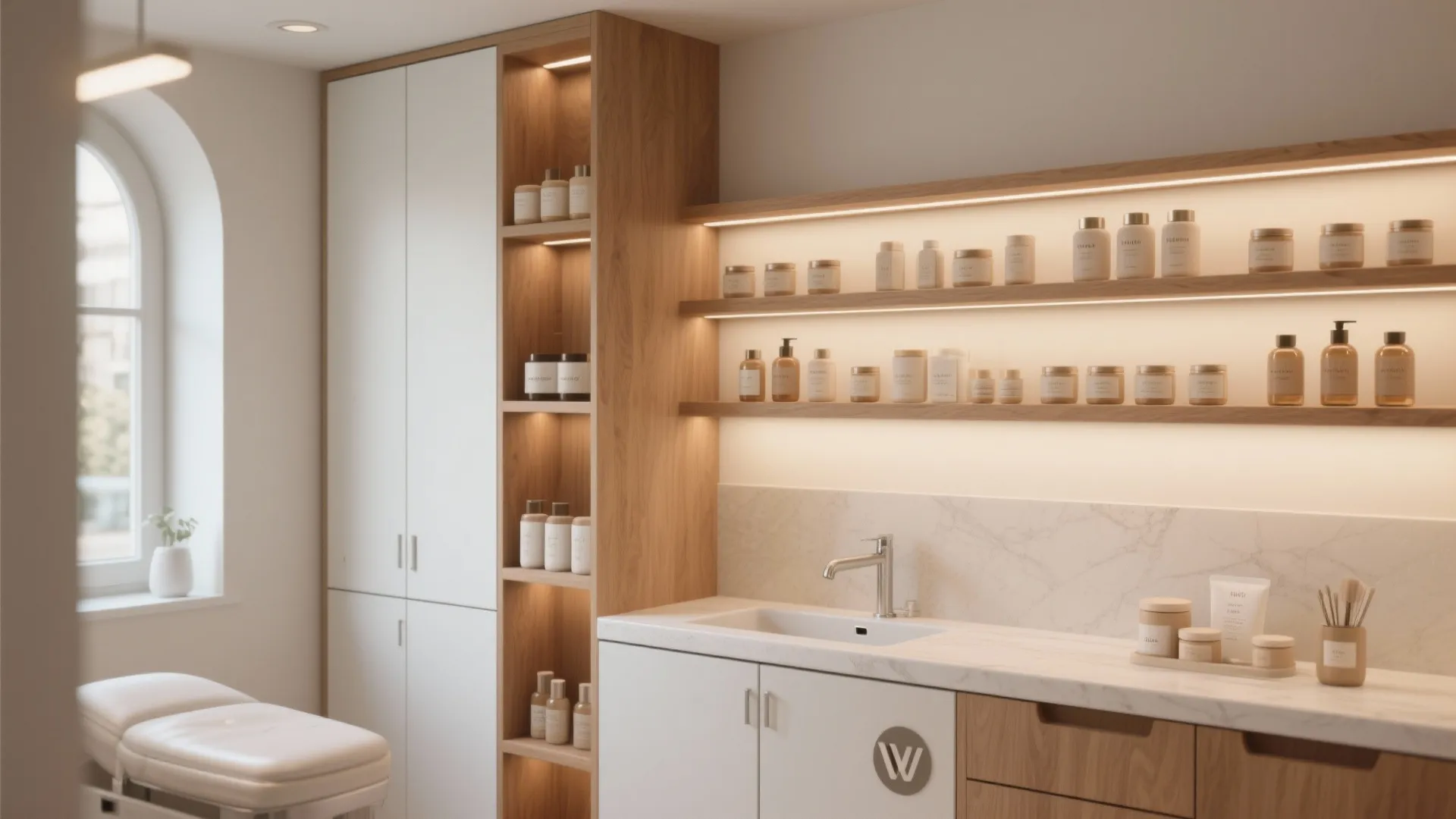 Modern treatment room with wood shelving units displaying skincare products beside a white marble sink