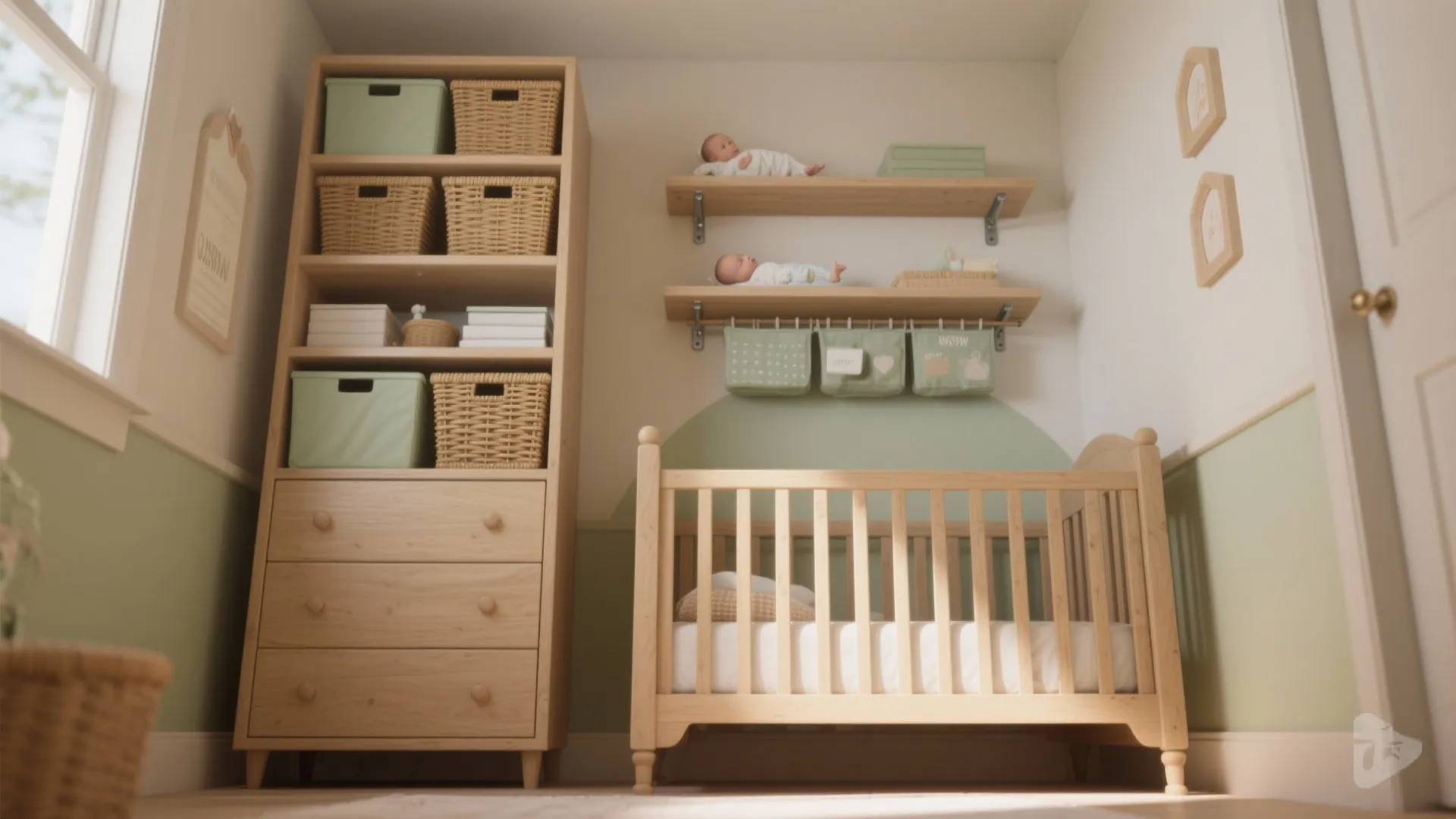 Nursery room featuring wooden crib wooden cabinet with storage baskets wall shelves and green accents