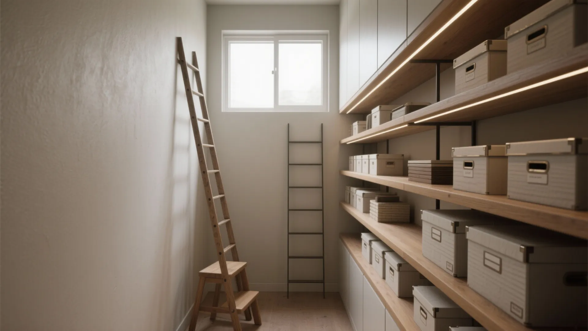 Narrow room with floor-to-ceiling shelving, step stool, and slim upper cabinets maximizing vertical storage.