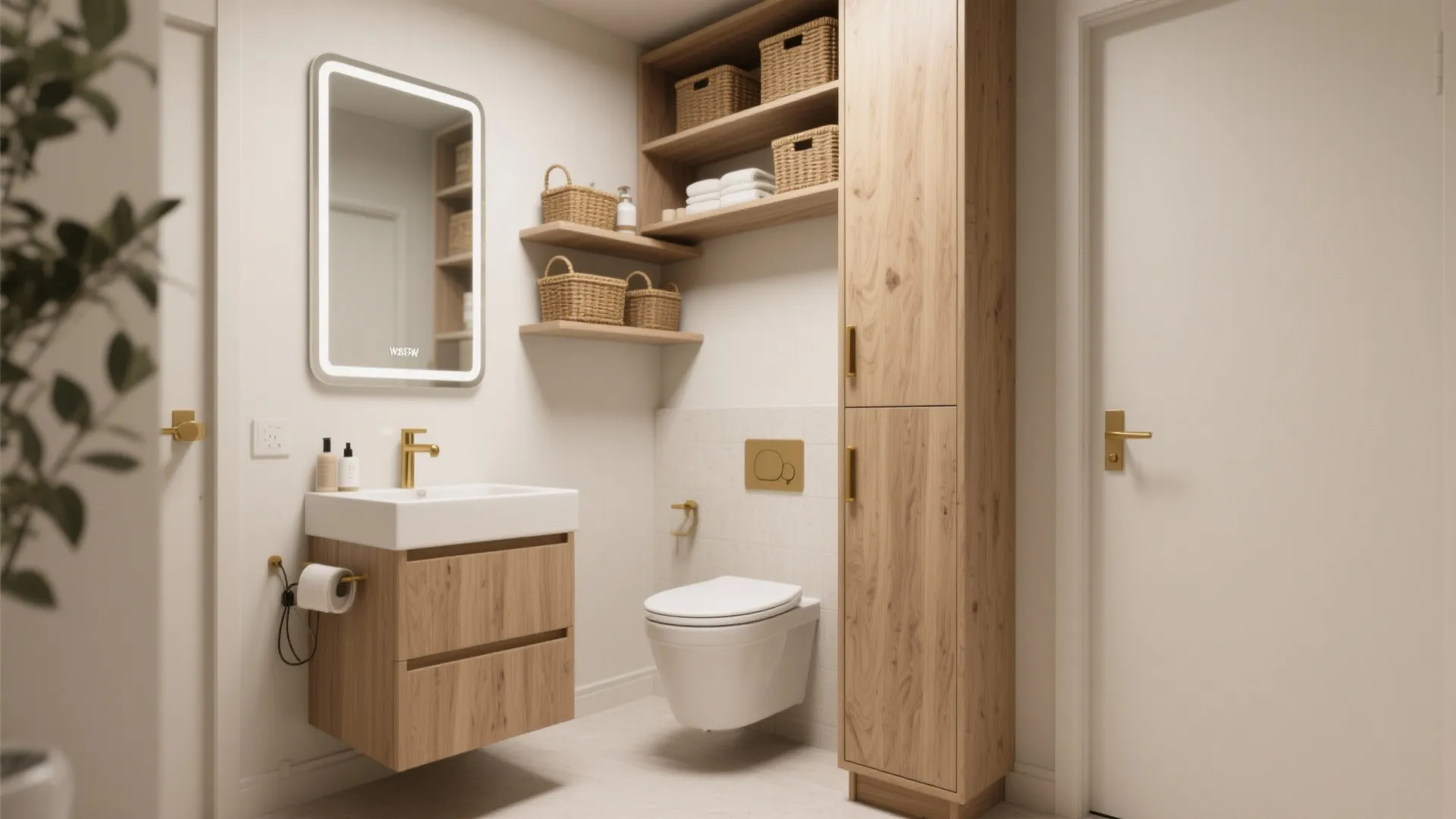 Small bathroom featuring tall wooden cabinet, open shelves with baskets, white toilet, and lighted mirror