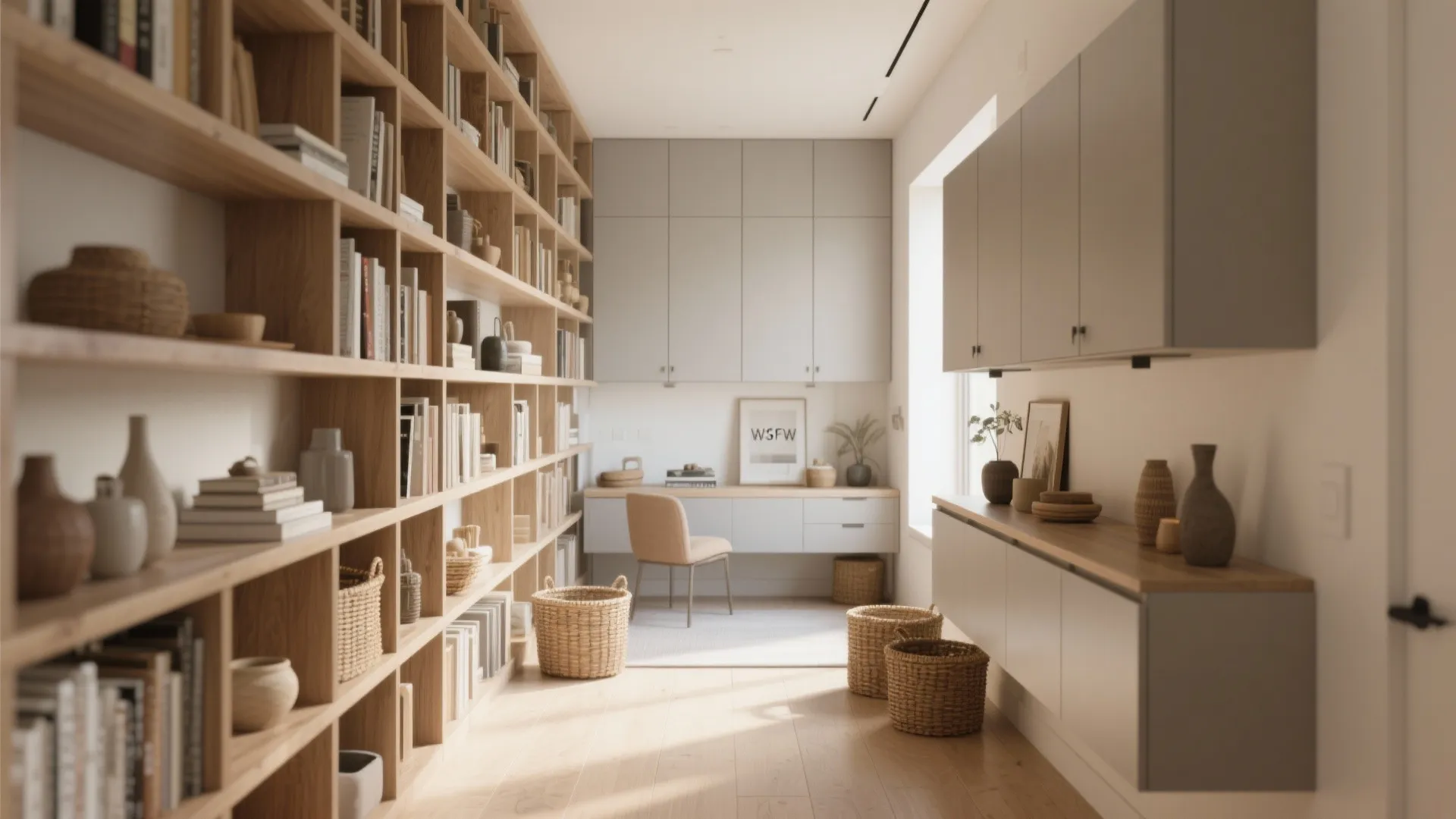 Bright home office with large wooden bookshelf gray desk cabinets woven baskets and wooden floor