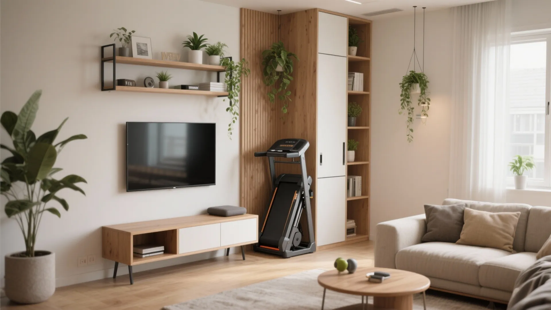 Living room featuring a folded treadmill stored vertically next to a tall white wall cabinet