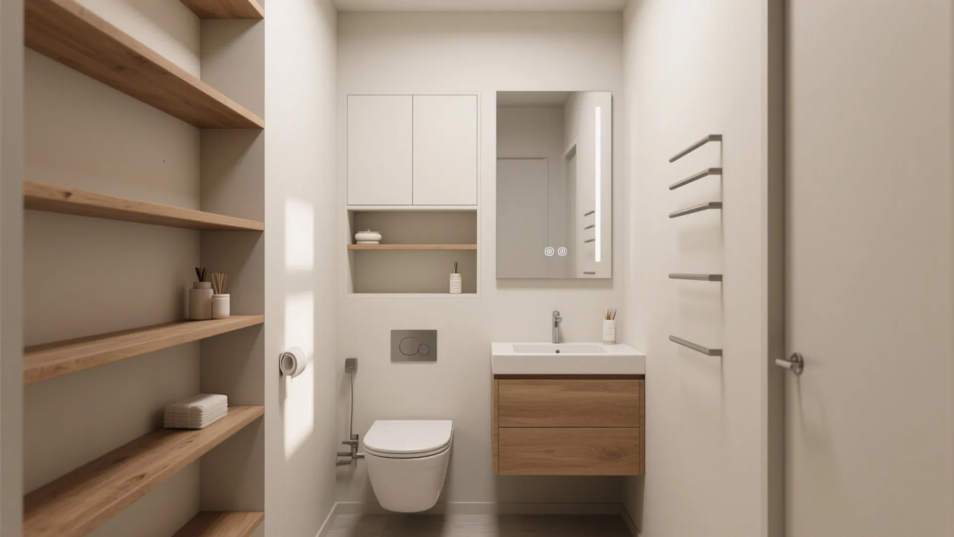Modern bathroom with wood wall shelves white toilet sink wooden cabinet mirror and towel rack