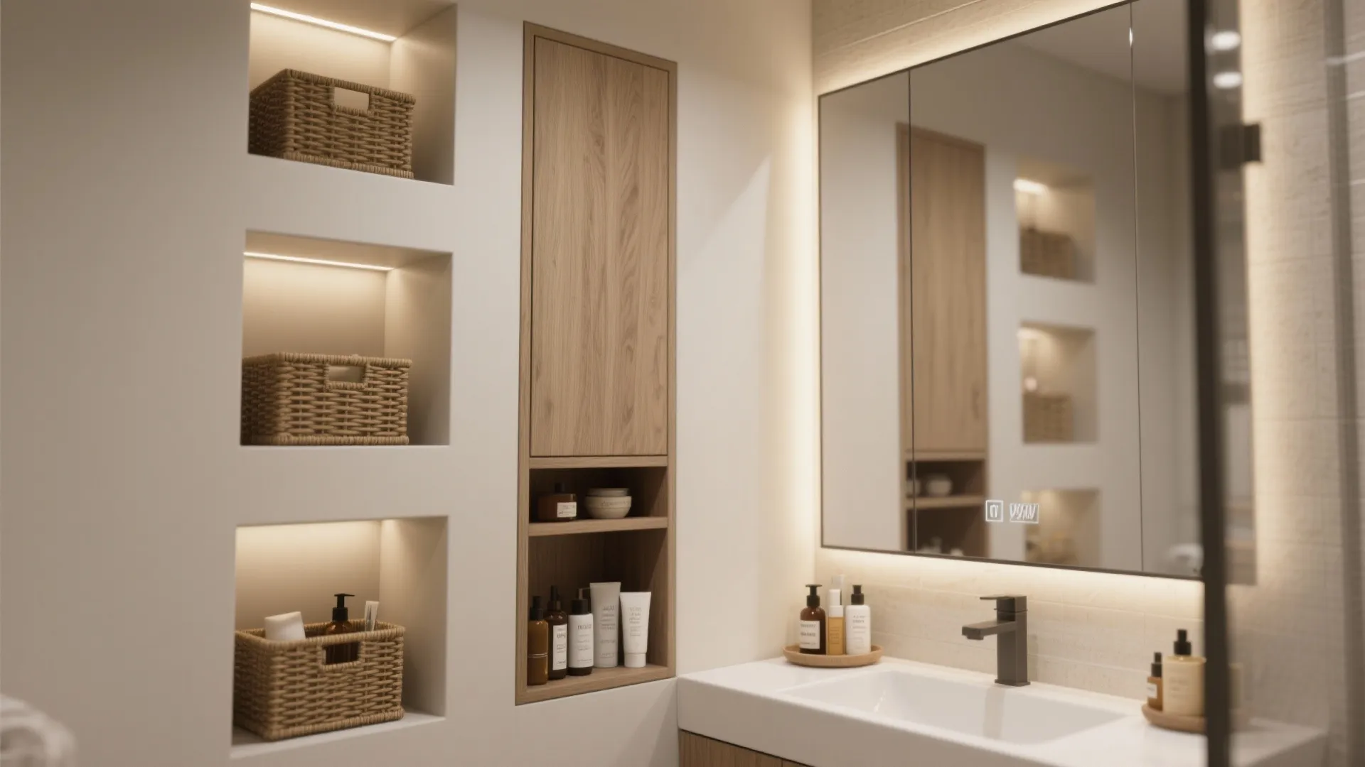 Modern bathroom featuring white wall shelves with woven baskets and a wooden cabinet above sink