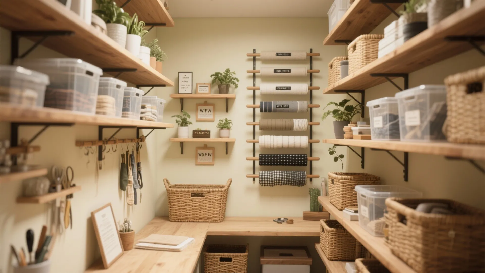 Well organized craft room featuring wooden shelves filled with woven baskets and rolls of fabric
