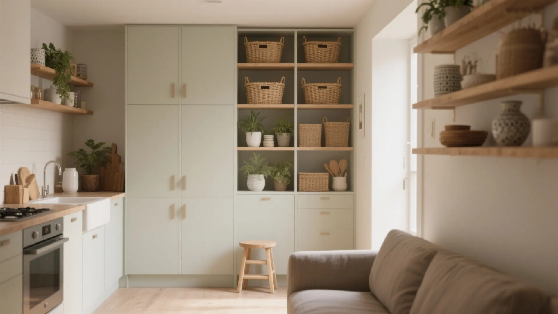 Modern kitchen with green cabinets wooden shelves storage baskets plants small stool and a grey sofa