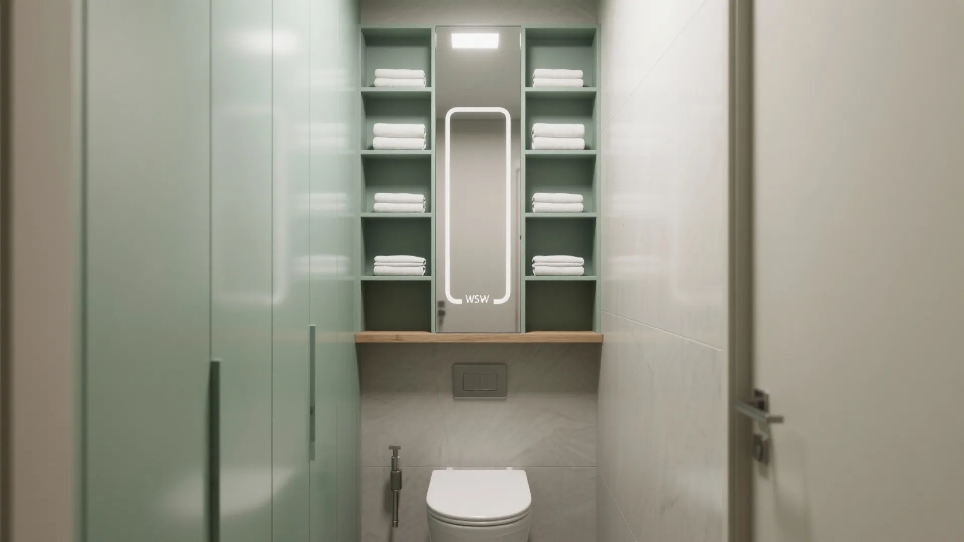 Small bathroom layout with toilet green wall shelves white towels and lighted mirror storage cabinet
