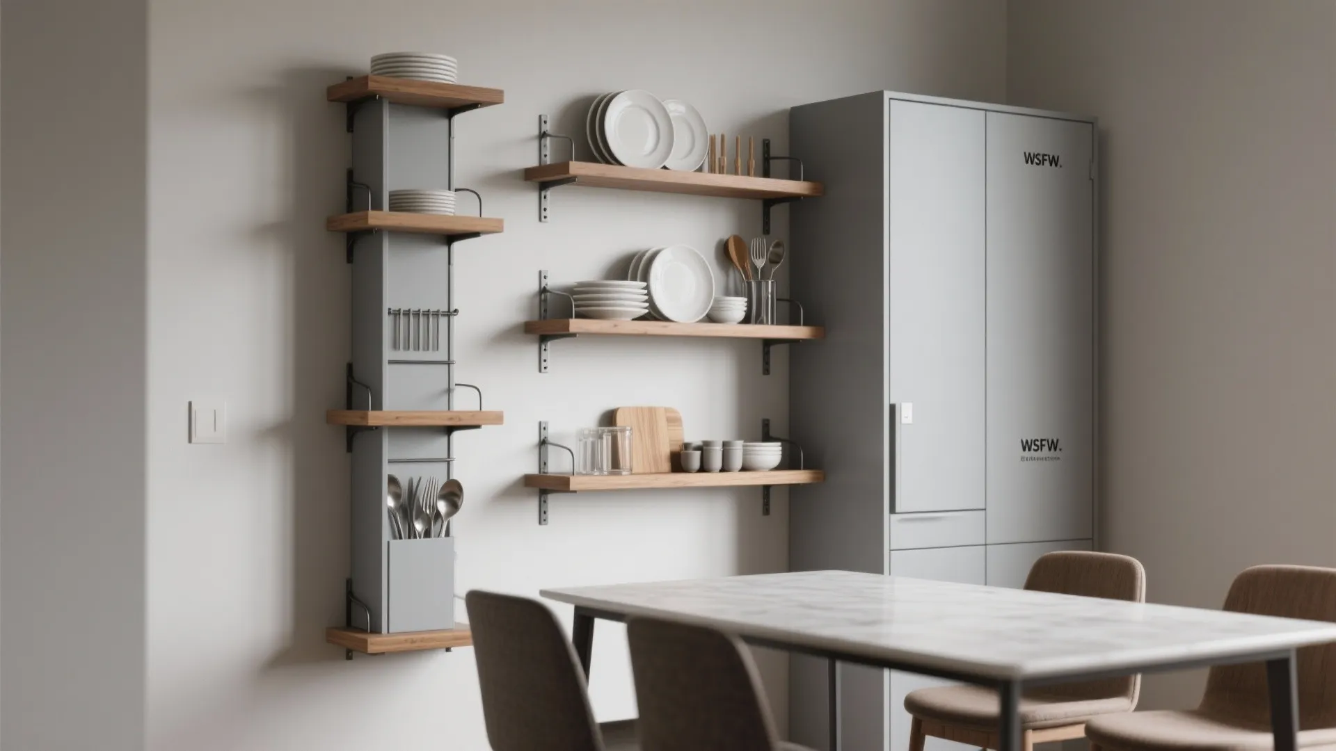 Narrow wall shelves and cabinets beside a small dining set for vertical storage in a tiny apartment.