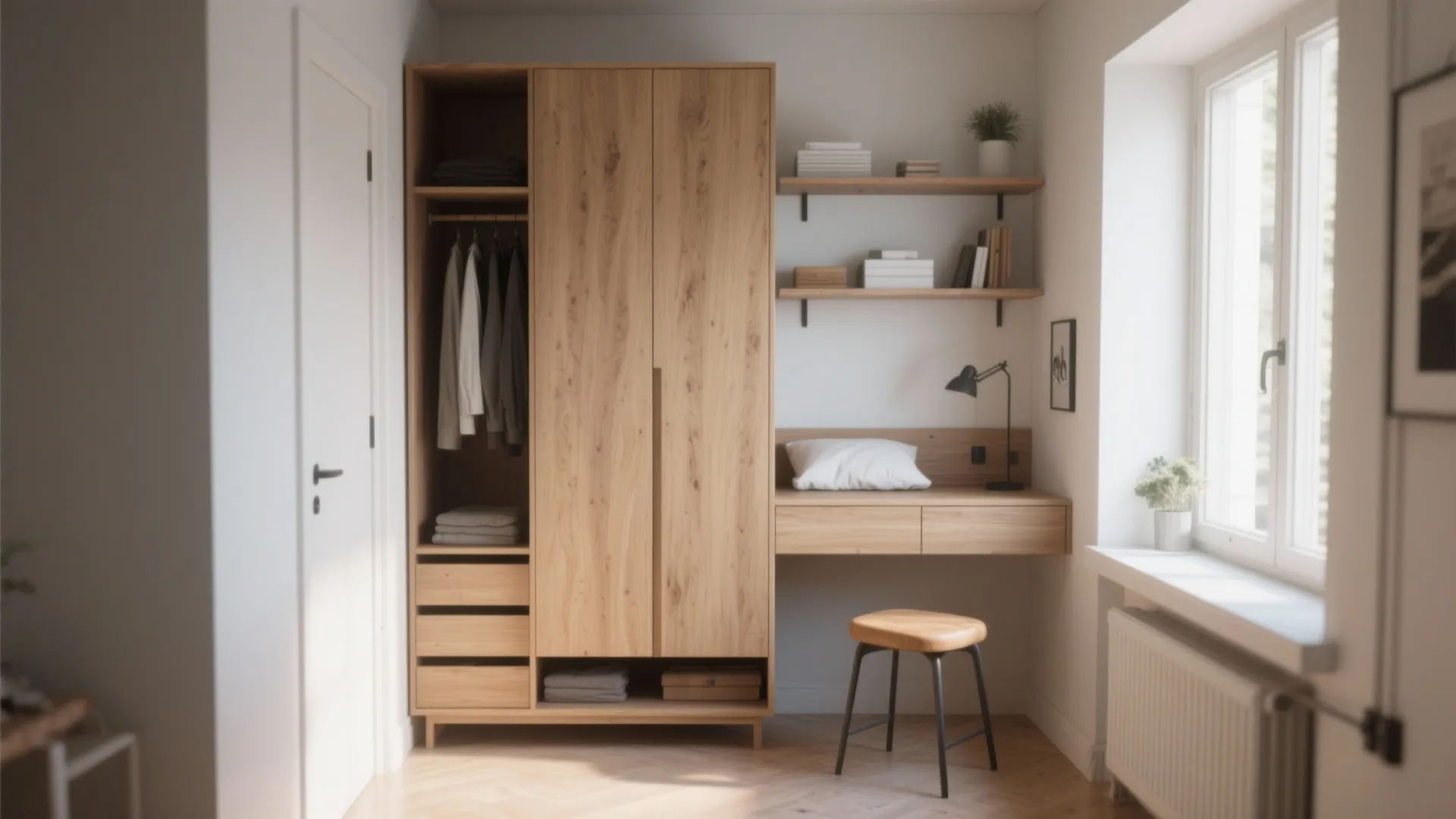 Modern wooden wardrobe with built in desk and shelves for efficient small home office storage
