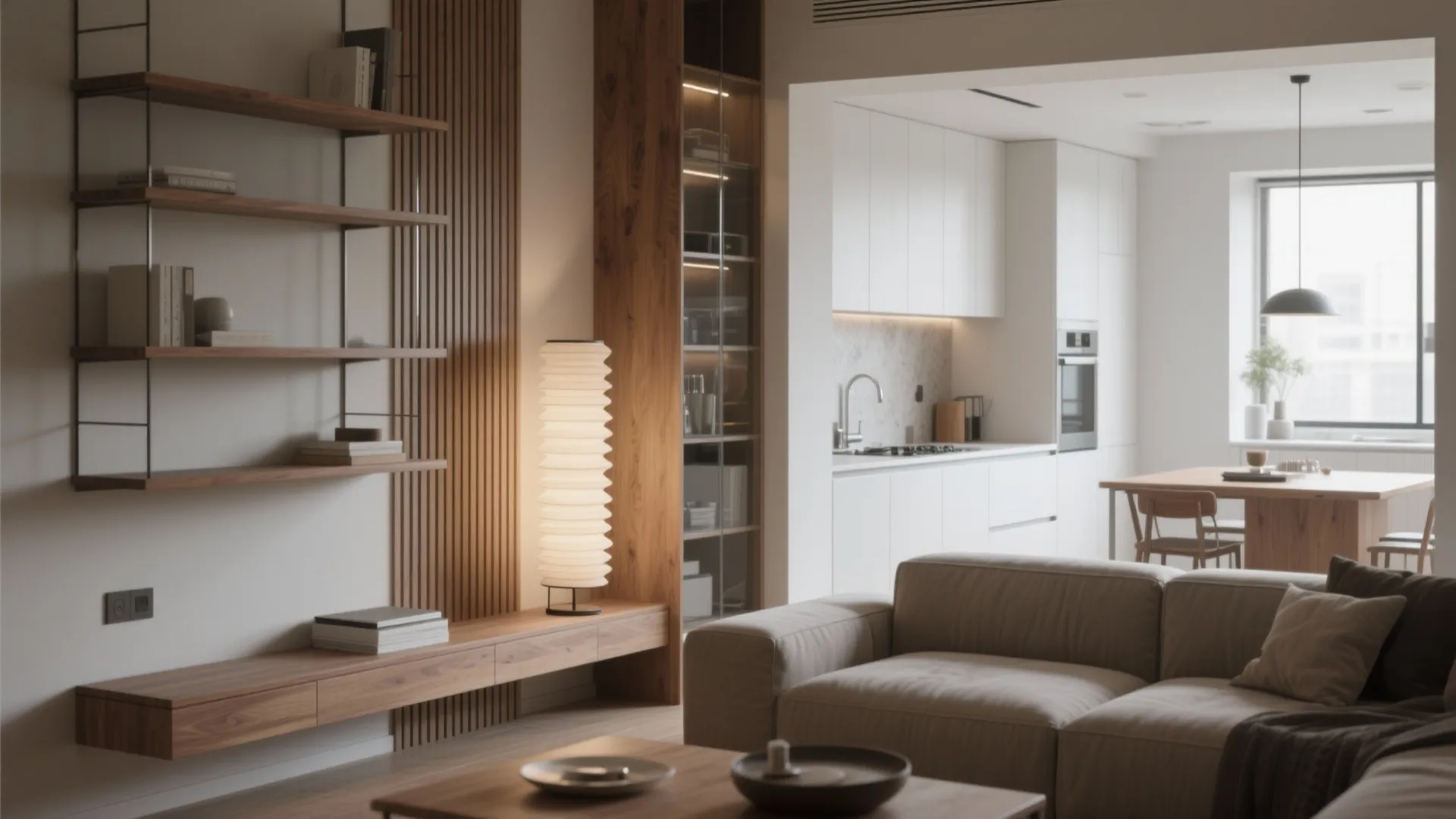 Living room with wooden wall shelves floor light fixture and view into a white kitchen