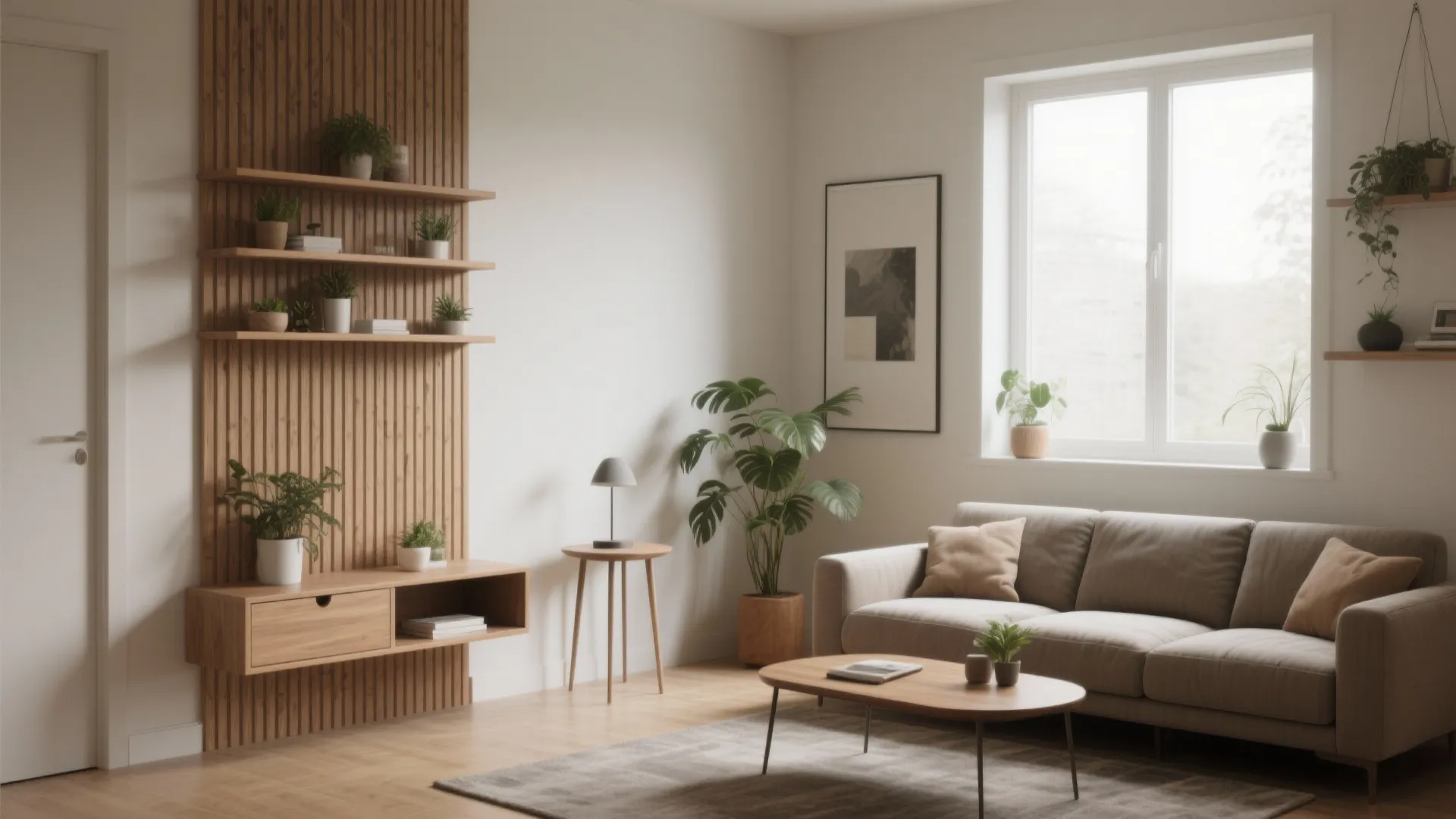Modern living room with beige sofa, wooden wall shelves, green plants, and bright window light