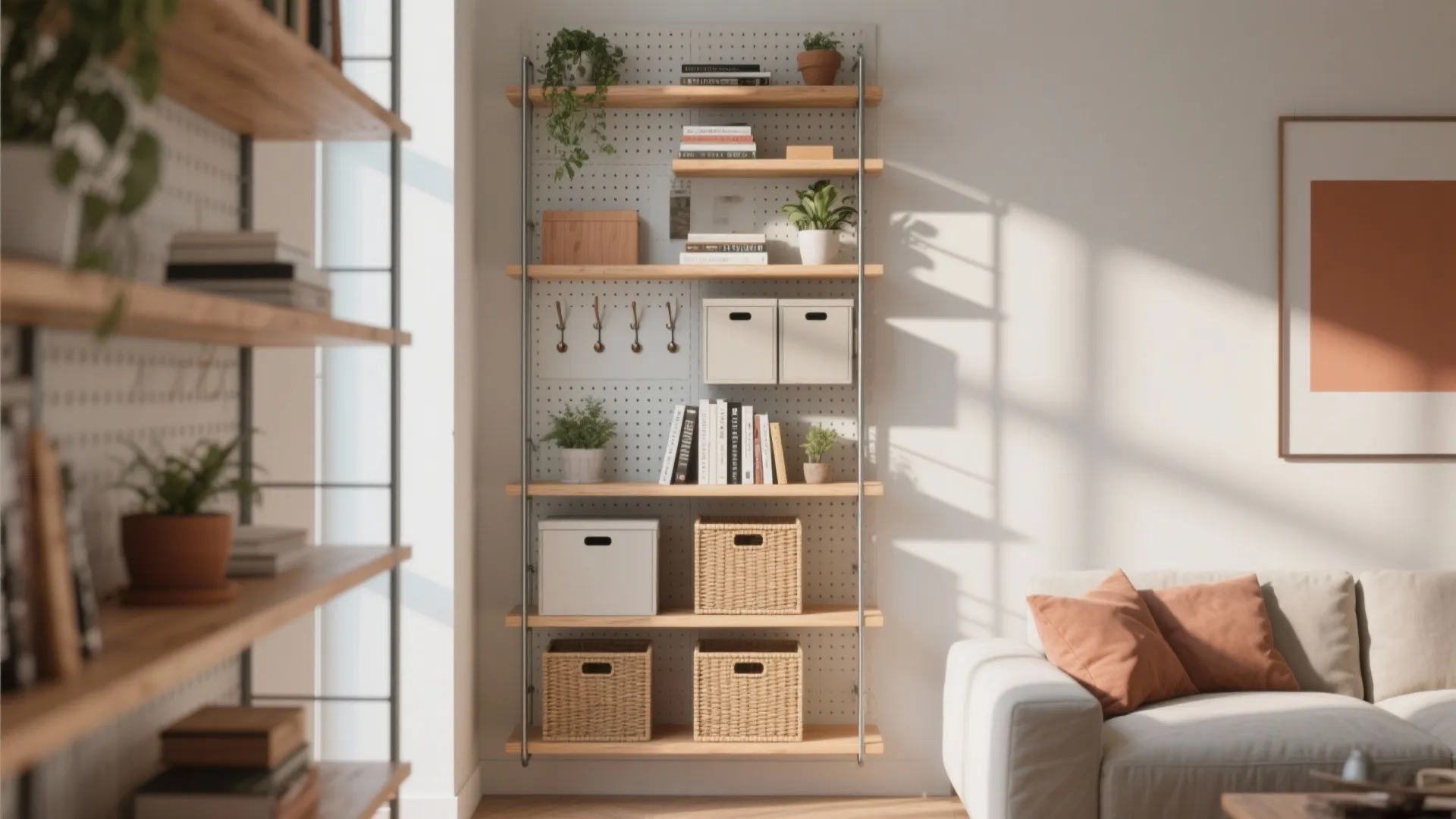 Tall shallow shelving and a pegboard wall organizer in a compact studio, mixing closed bins and open displays.