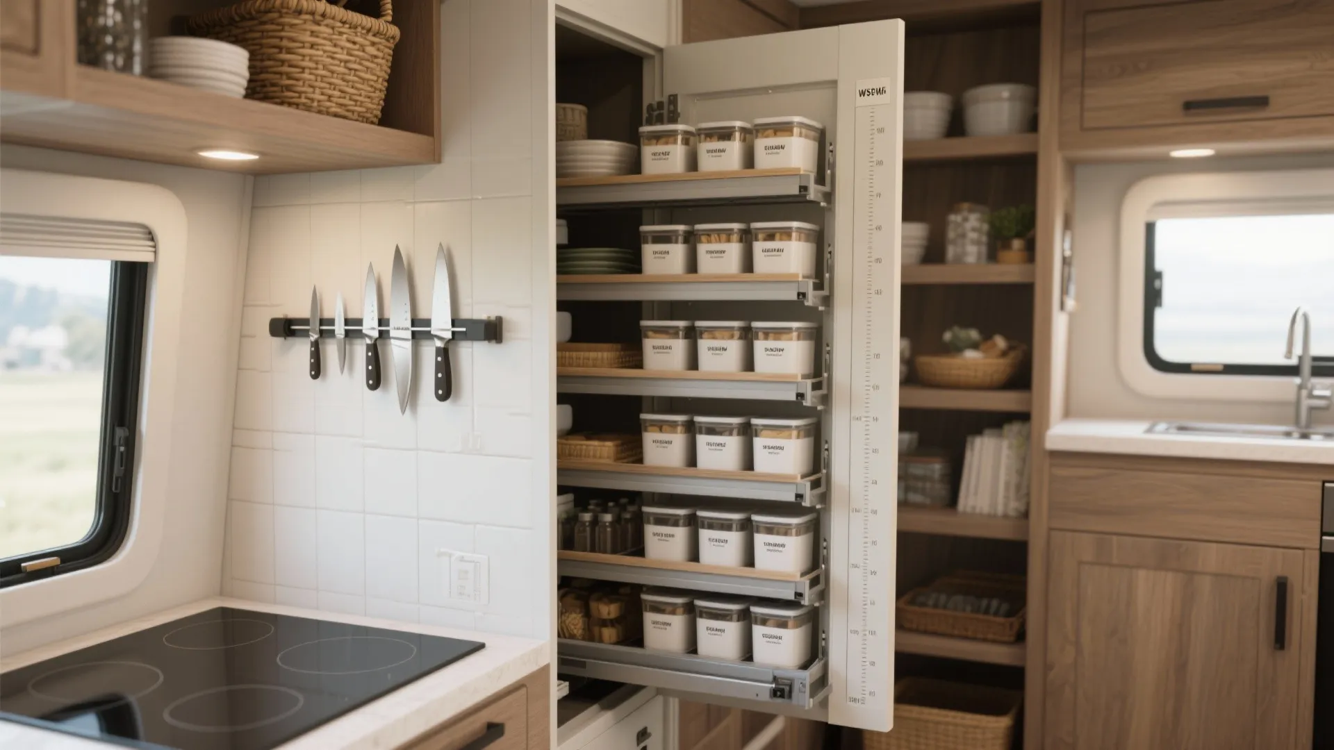 Tall pull out cabinet with white storage jars next to wall with magnetic knife holder
