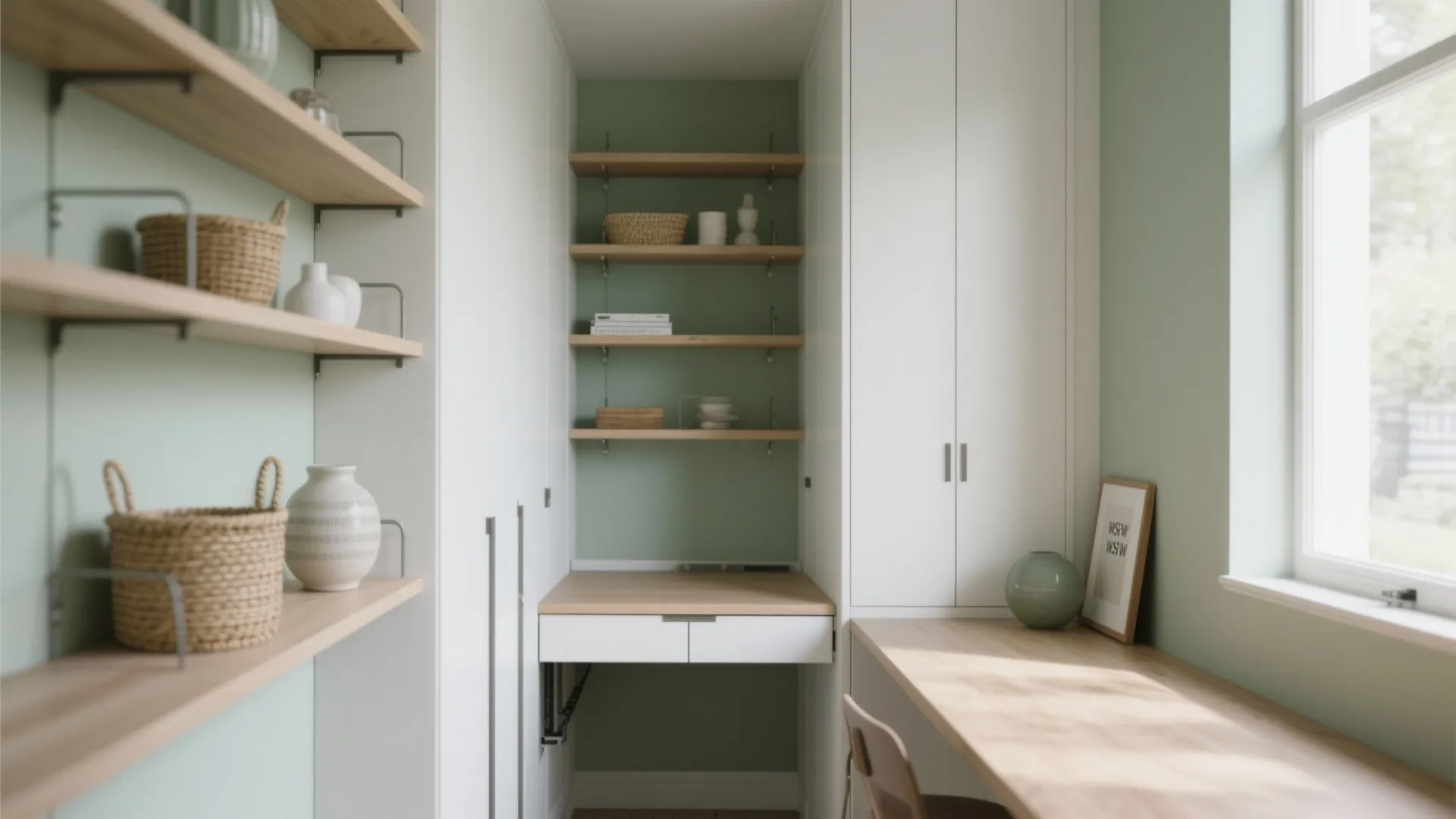 Small home office with green walls white cabinets wooden desk shelves and natural window light