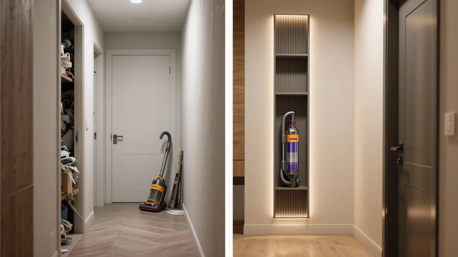 Modern hallway with white door wooden floor and stick vacuum stored in built in wall shelf