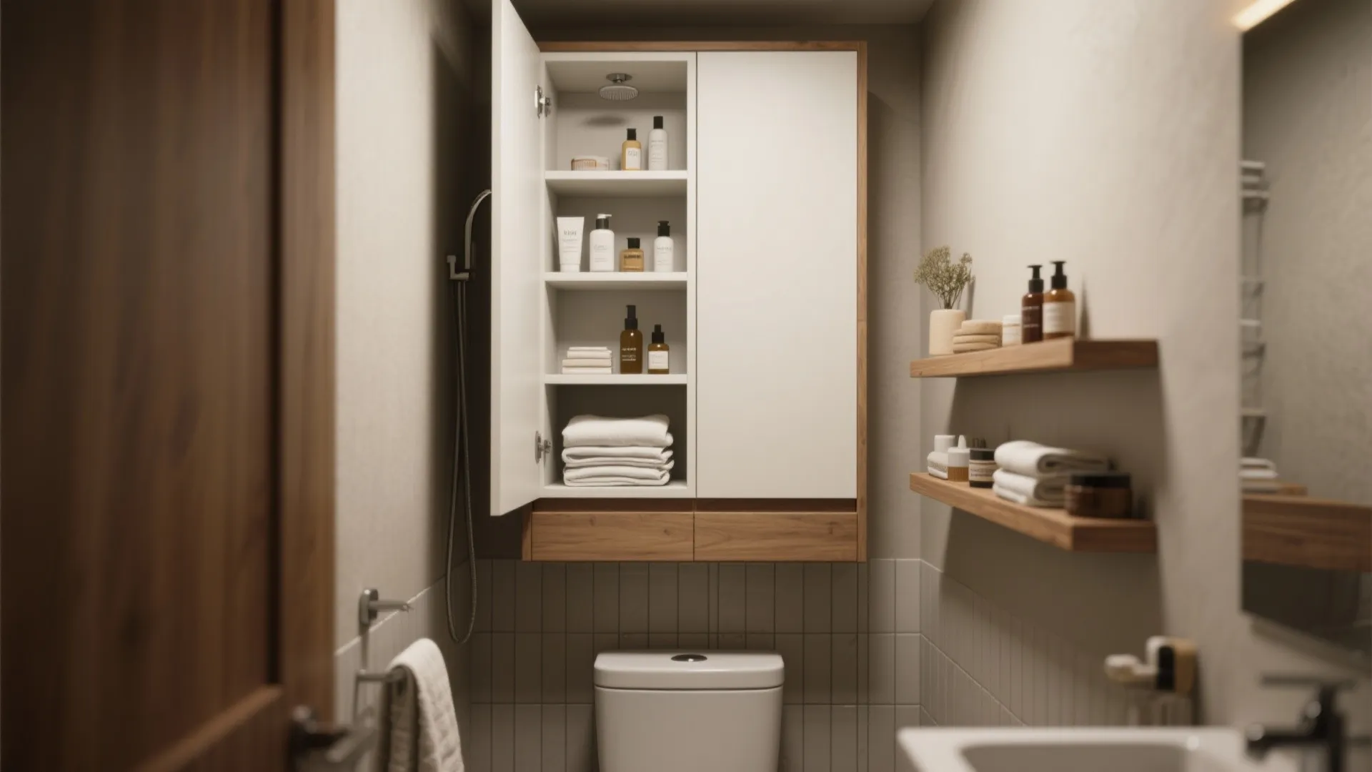 Tall shallow linen cabinet and recessed shower niche maximizing storage in a compact bathroom.