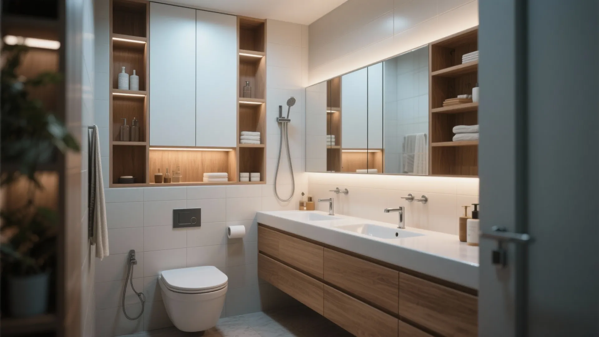 Modern bathroom with double sink vanity wooden cabinets warm lighting white toilet and built in shelving