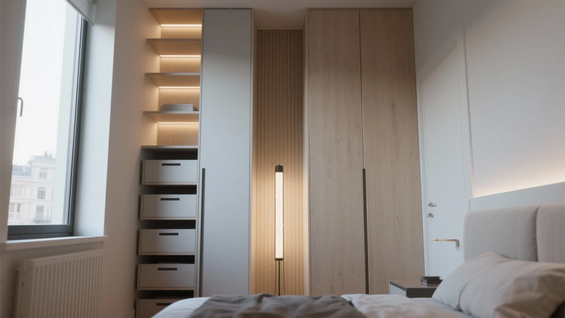 Modern bedroom with tall wooden cabinet and light fixture next to a window and bed