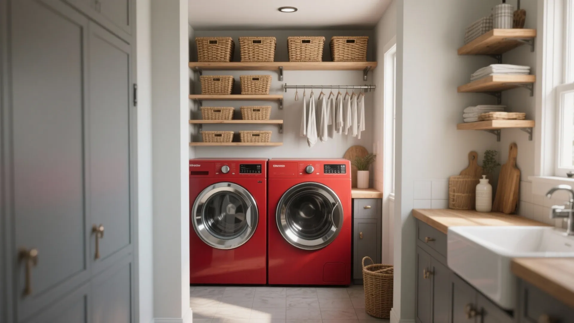 Utility room featuring two red washing machines with many storage baskets and hanging white shirts above