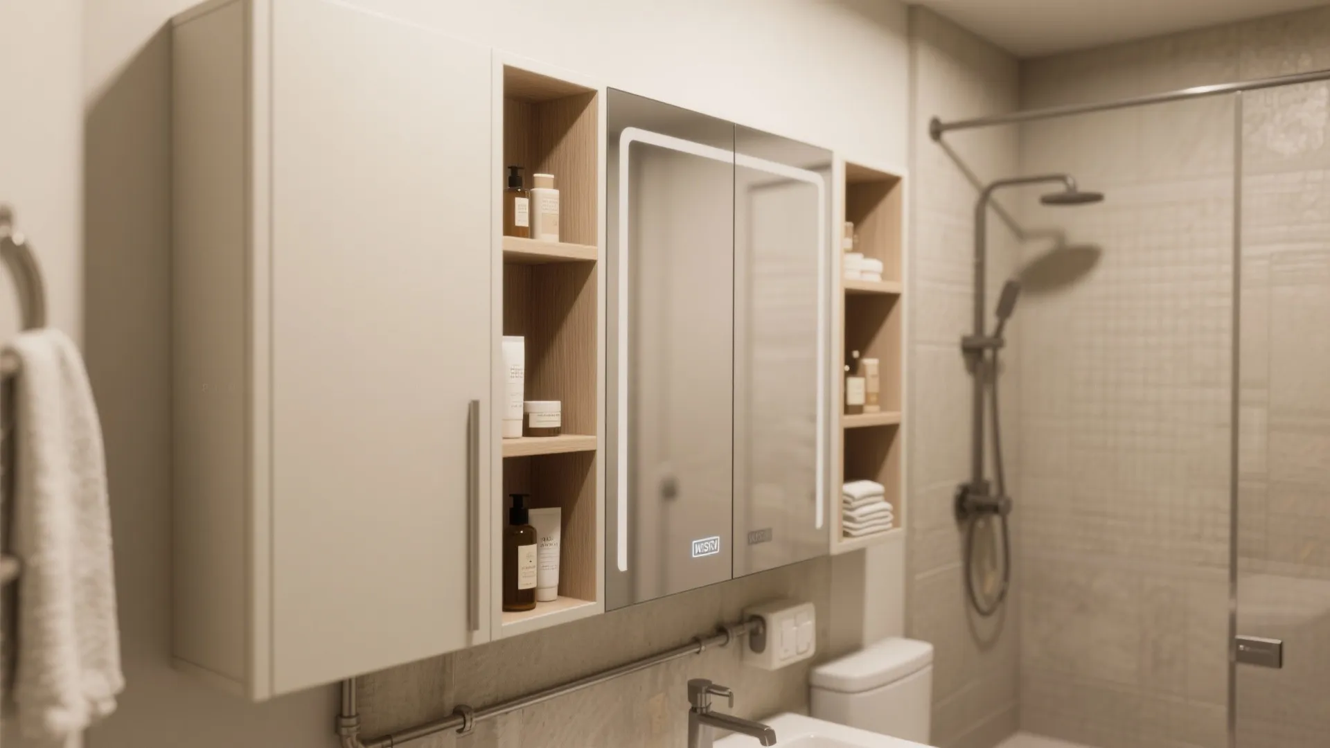 Modern bathroom cabinet with light wood shelves smart mirror toilet and a black shower head
