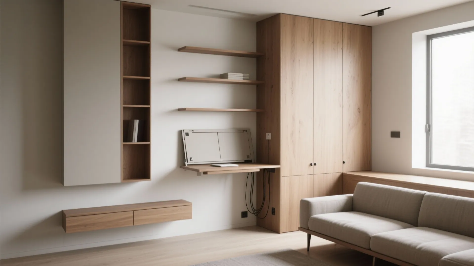 Floating shelves, tall cabinets and a fold-down desk maximize vertical storage in a small room.