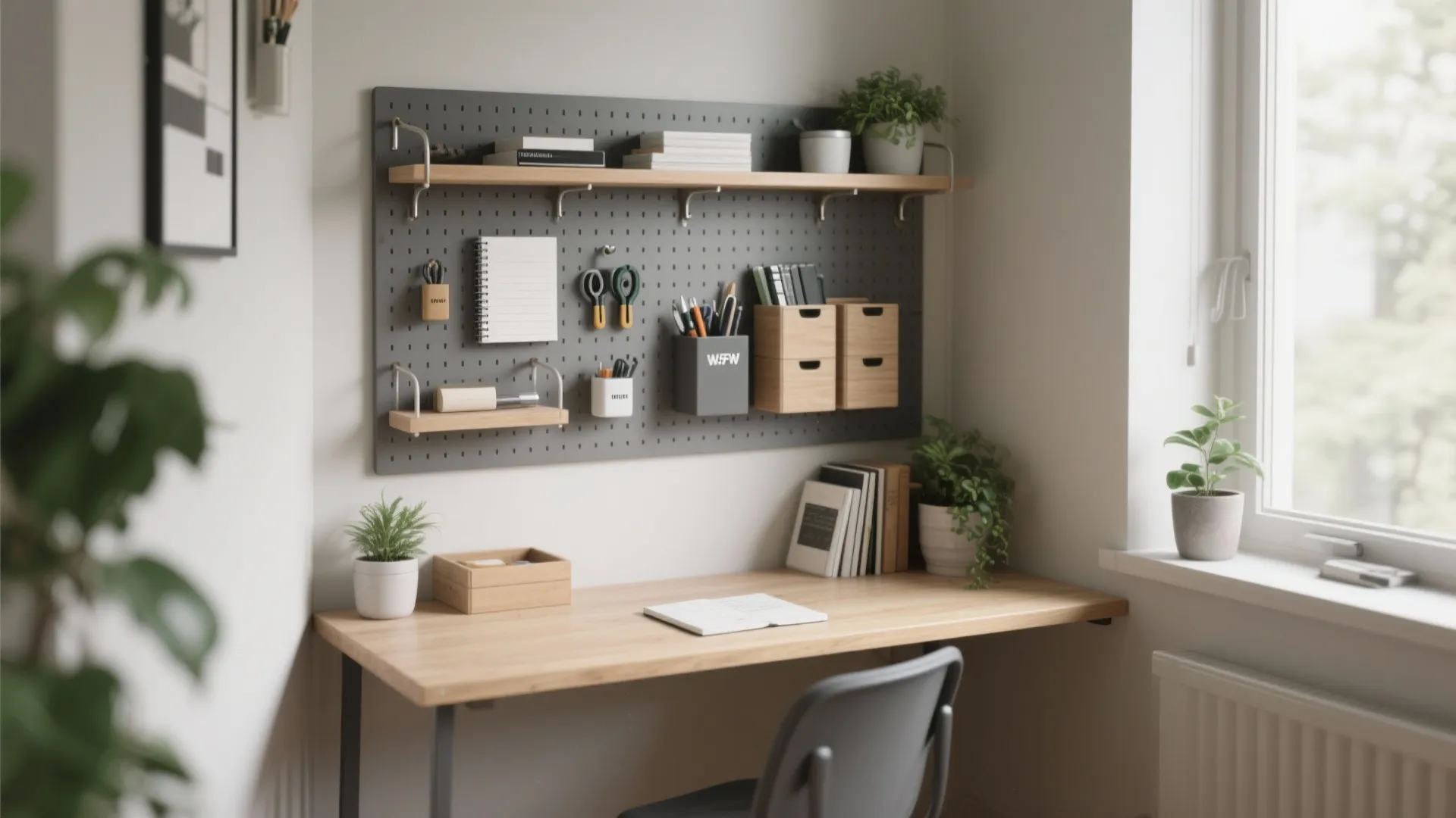 2. Go vertical: shelves, pegboards, and slim organizers
