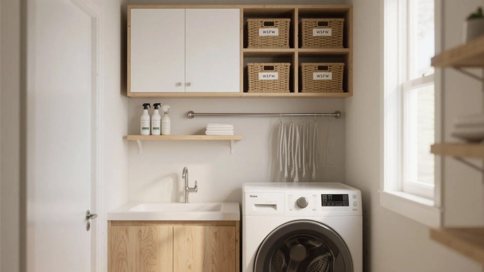 Small laundry area with wall cabinet storage baskets washing machine white sink and small hanging rack