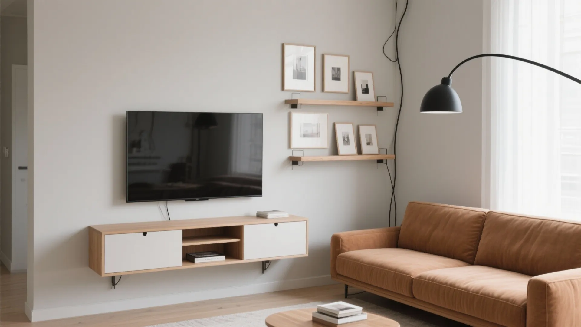 Minimalist living room with brown sofa floating wooden cabinet wall mounted television and framed picture art