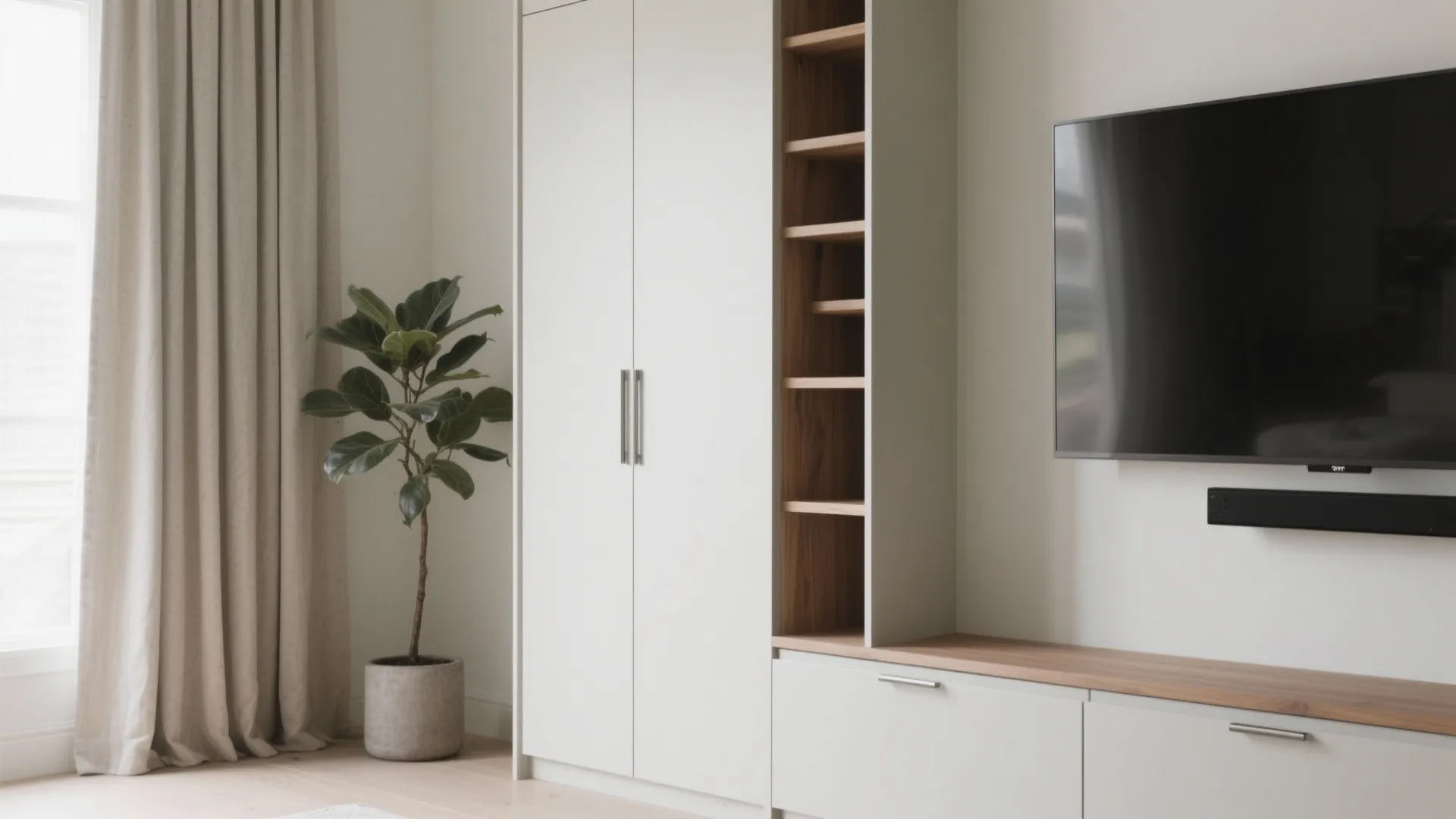 Modern white floor to ceiling cabinet with open wooden shelves and television mounted on wall