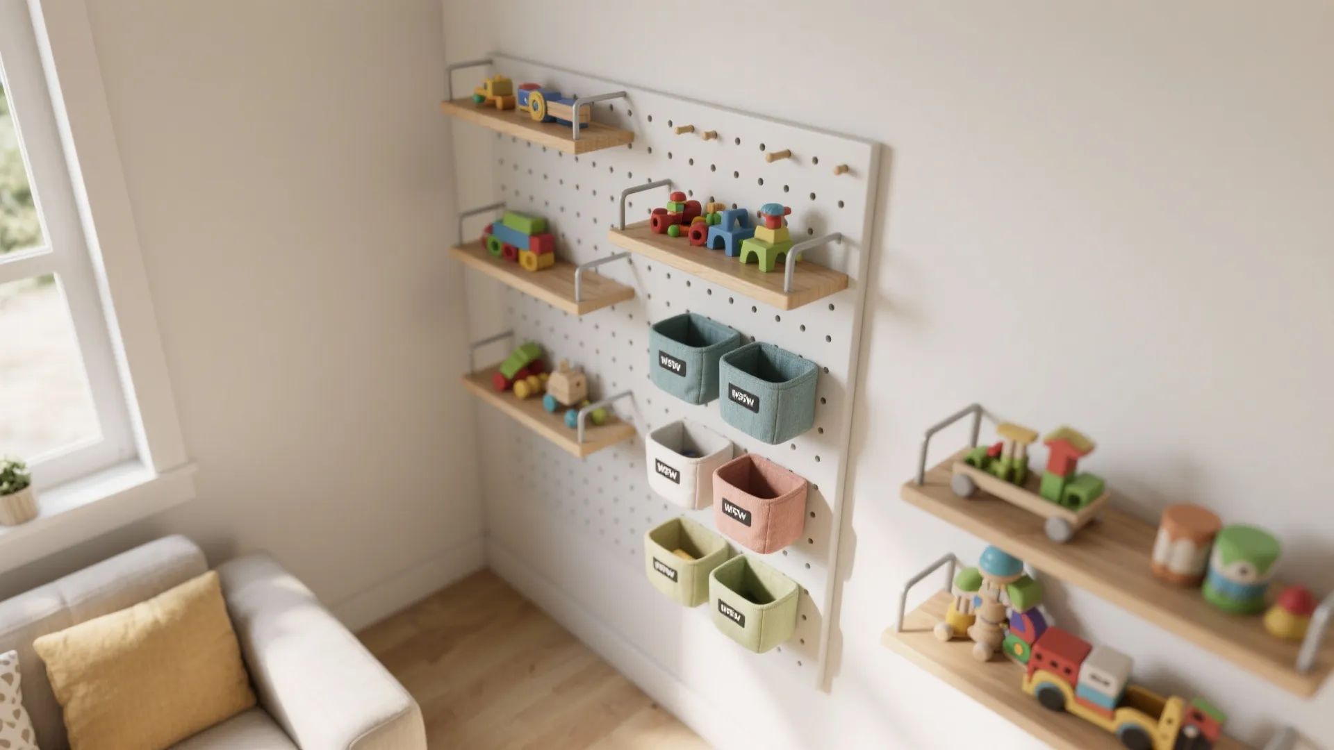 Vertical wall storage and easy toy rotation