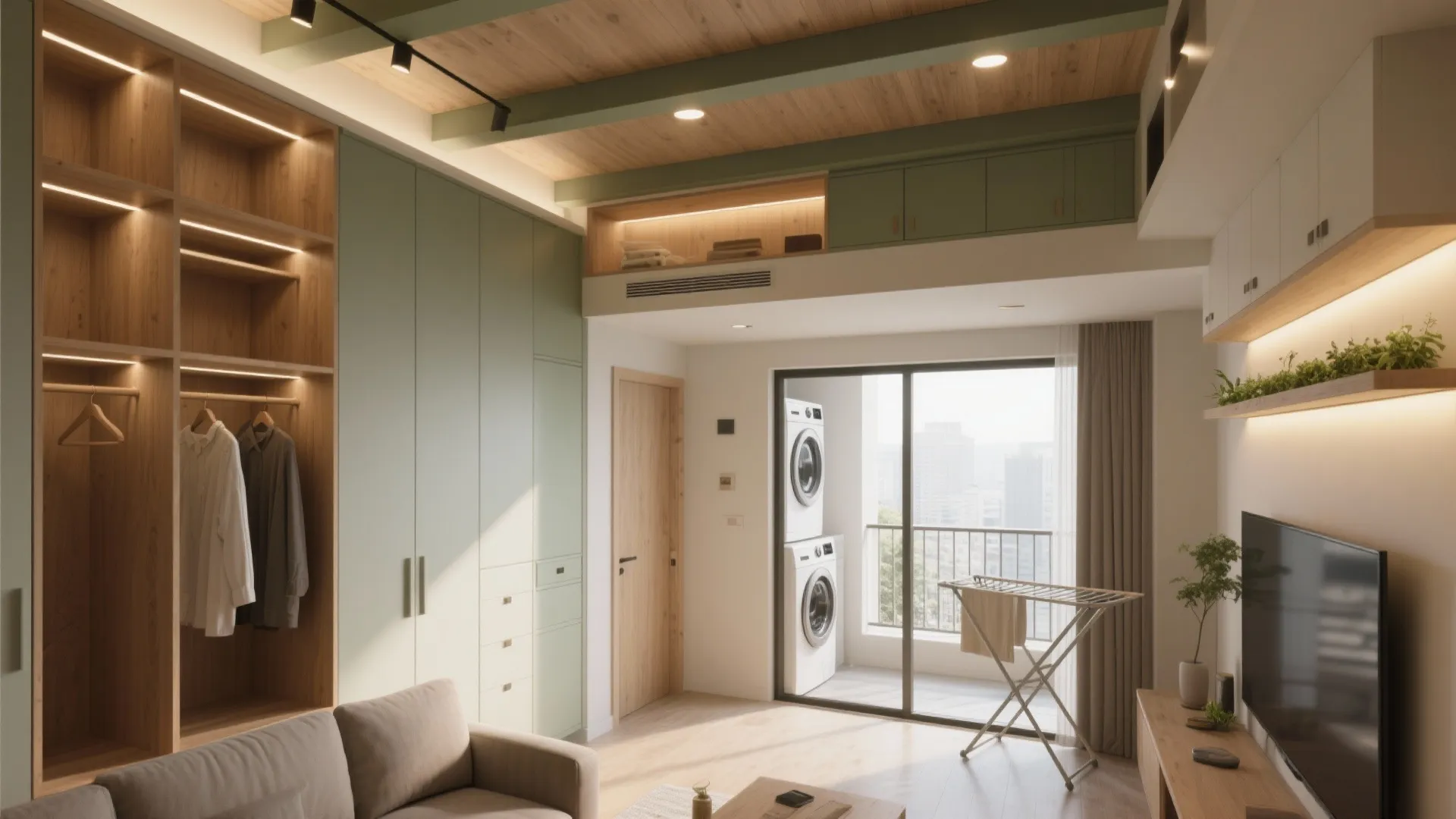 Ceiling-High Storage, Layered Lighting, and a Useful Balcony