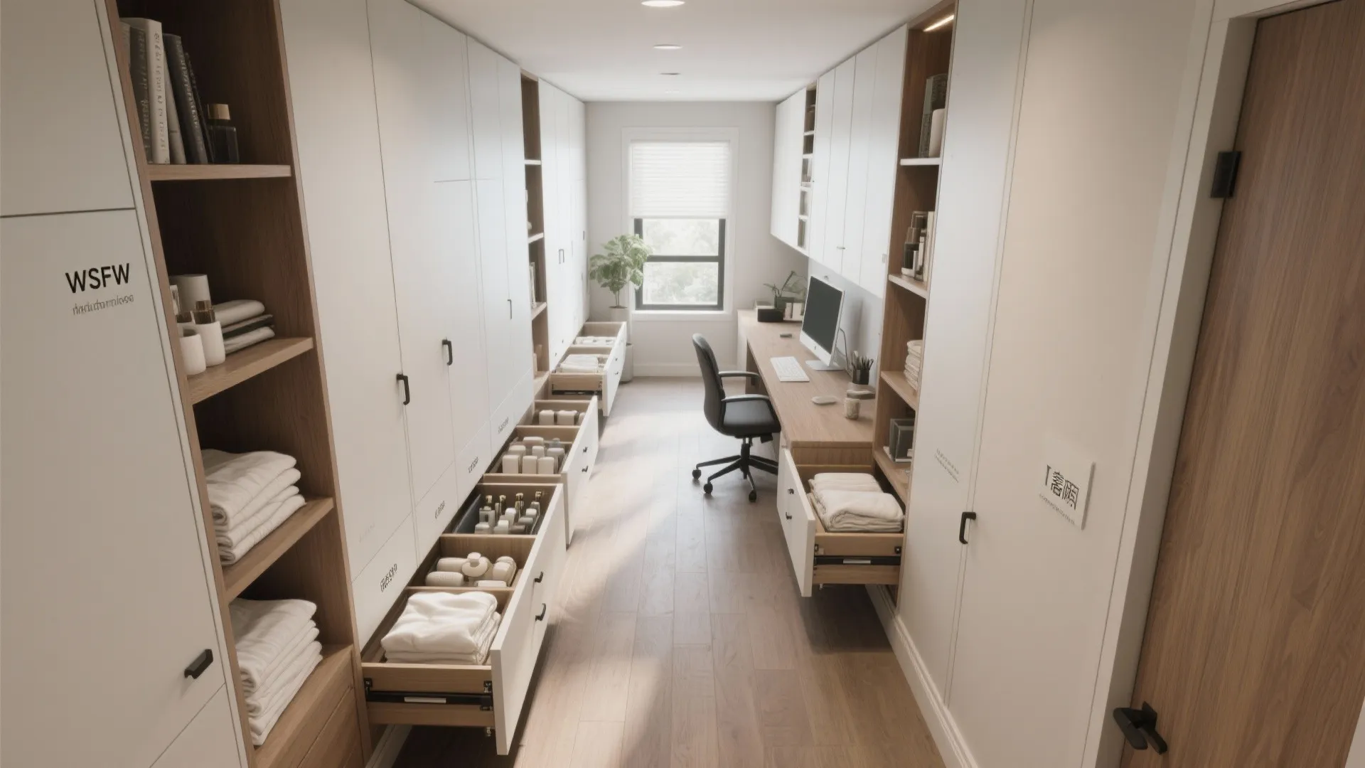 Top-down mockup of a narrow office showing vertical storage and under-bed organizers with labeled drawer zones.