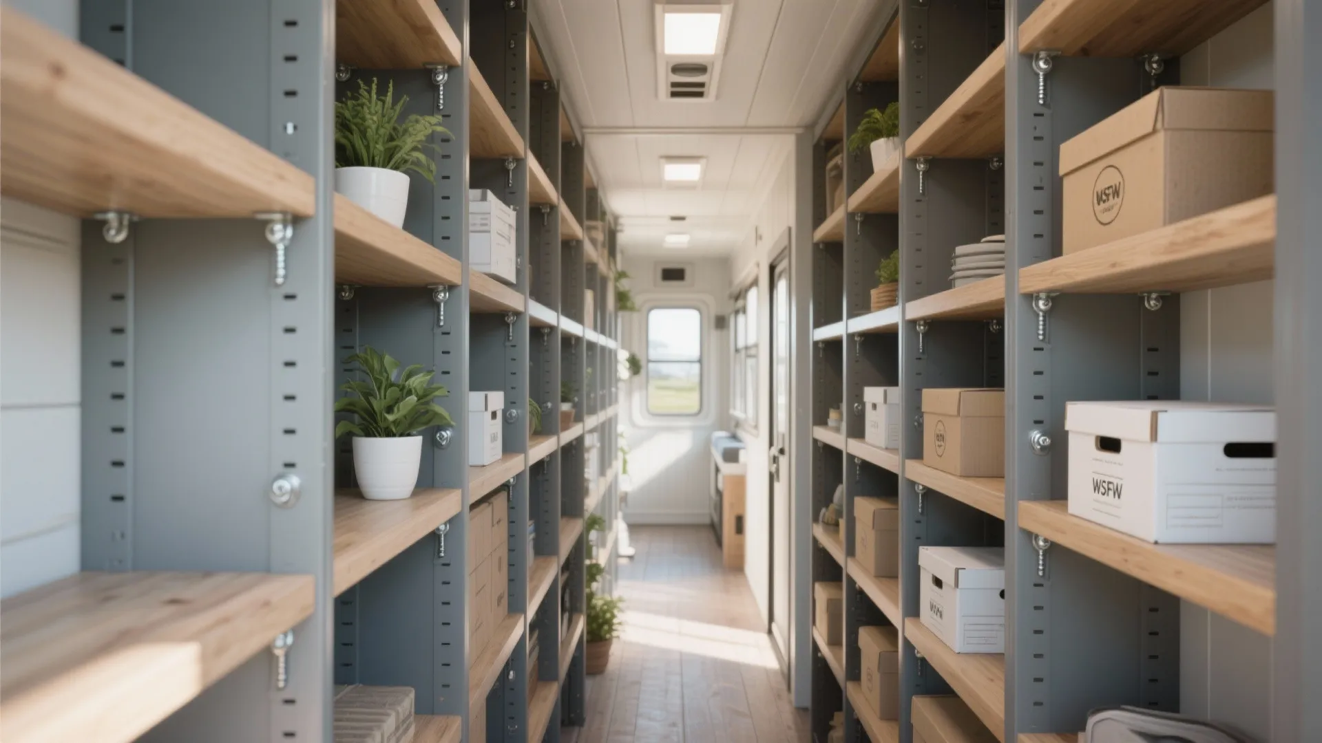 Narrow hallway featuring tall metal shelving units with wooden boards holding boxes and small green plants