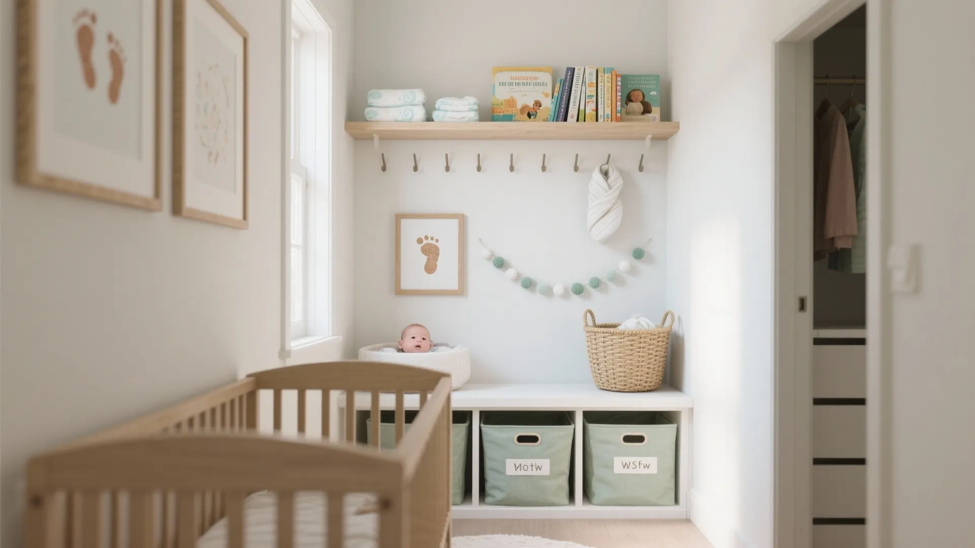 Nursery wall with wooden shelf, hooks, storage bins, baby cot, and small baby in bed
